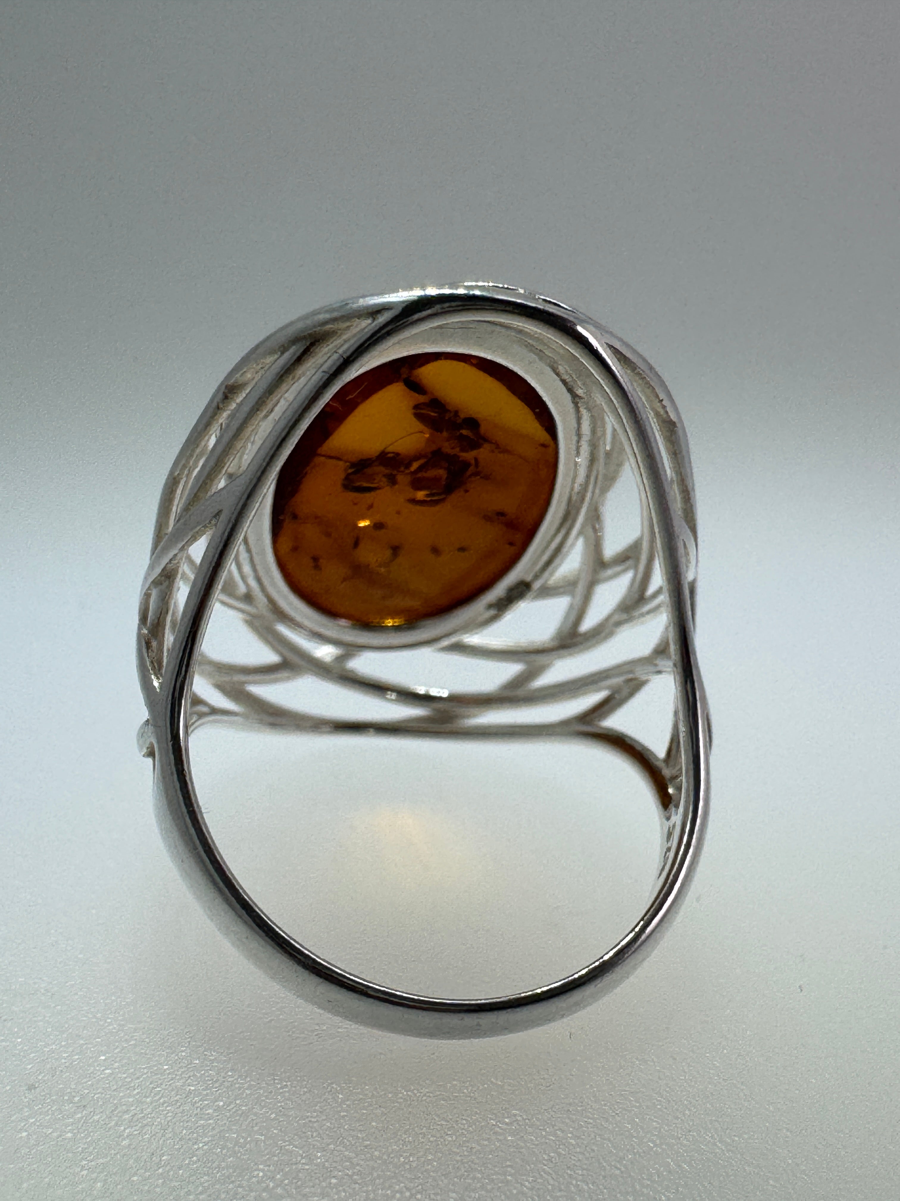 Sterling Silver Honey Cognac Baltic Amber Cabochon Ring – Netted Silver Design, Handmade