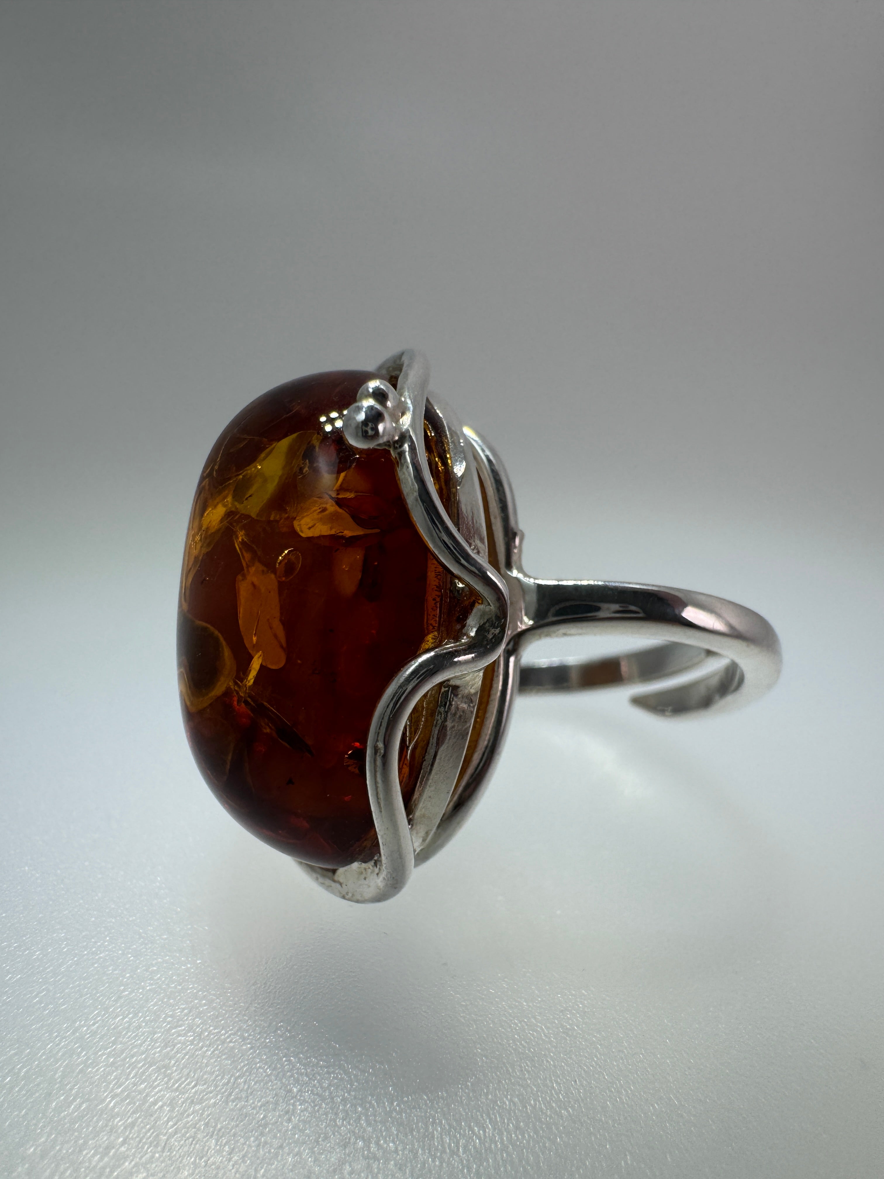 One-of-a-Kind Honey Cognac Baltic Amber Ring in Sterling Silver – Adjustable & Handmade in Poland