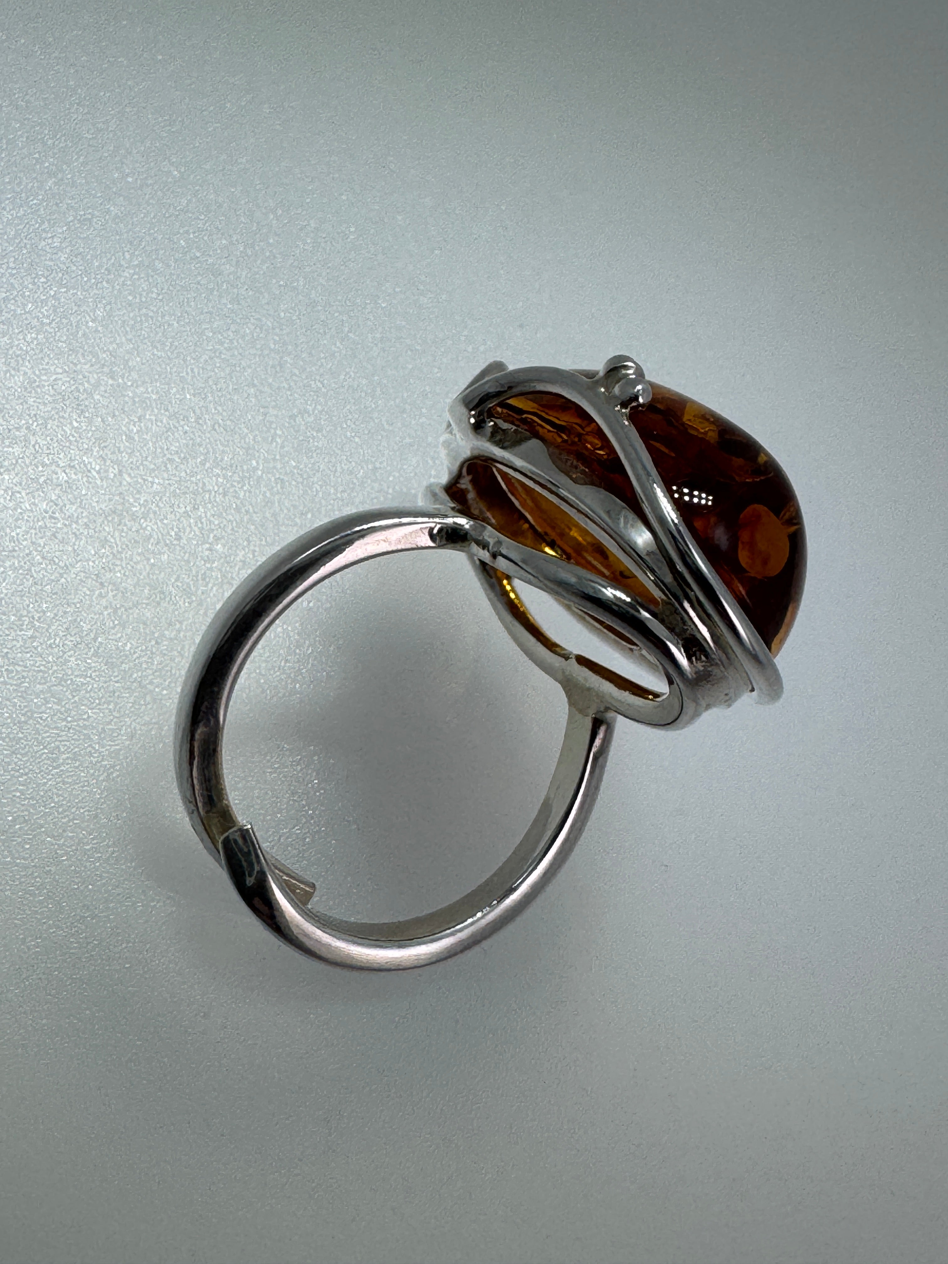 One-of-a-Kind Honey Cognac Baltic Amber Ring in Sterling Silver – Adjustable & Handmade in Poland