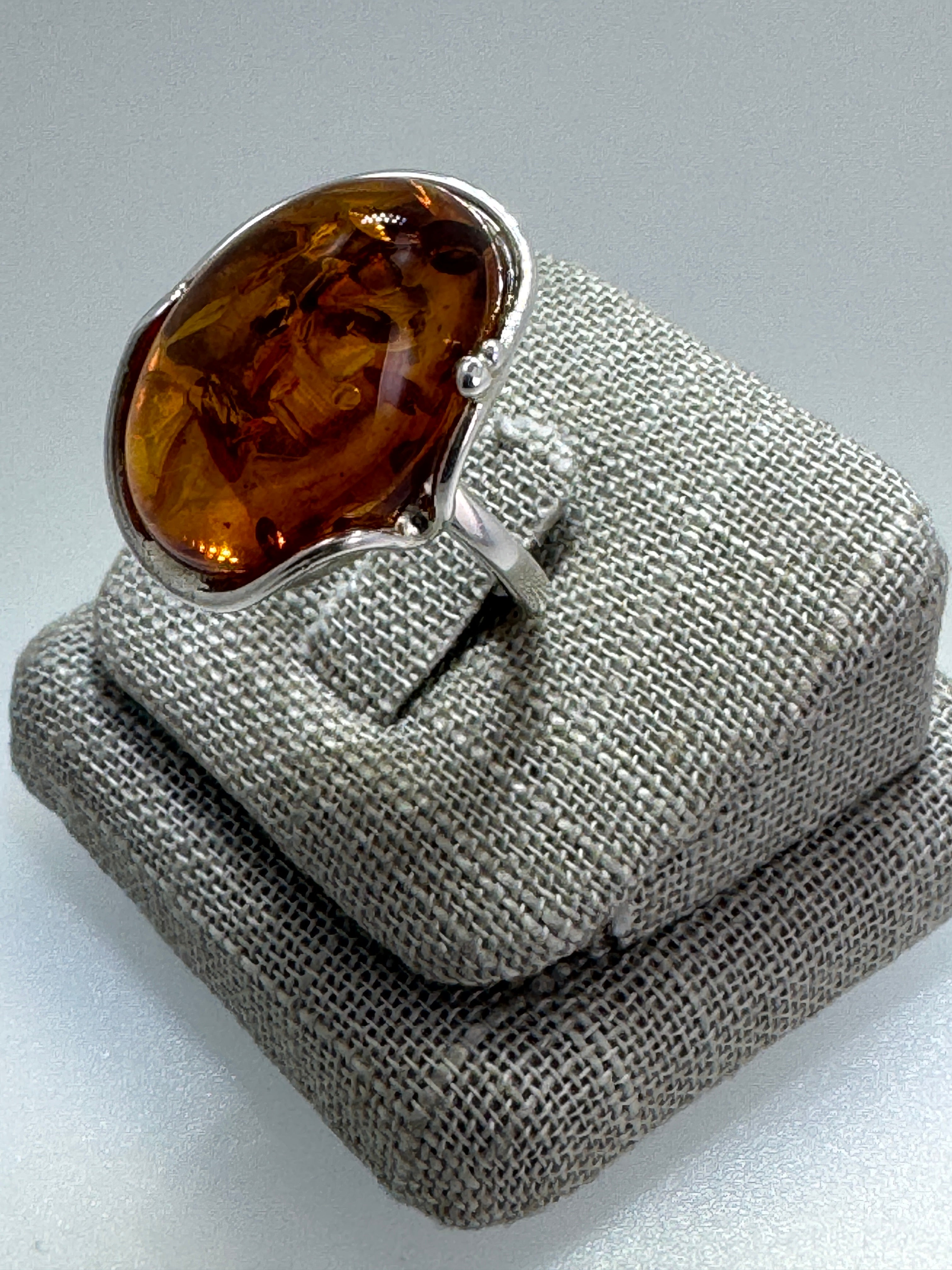 One-of-a-Kind Honey Cognac Baltic Amber Ring in Sterling Silver – Adjustable & Handmade in Poland
