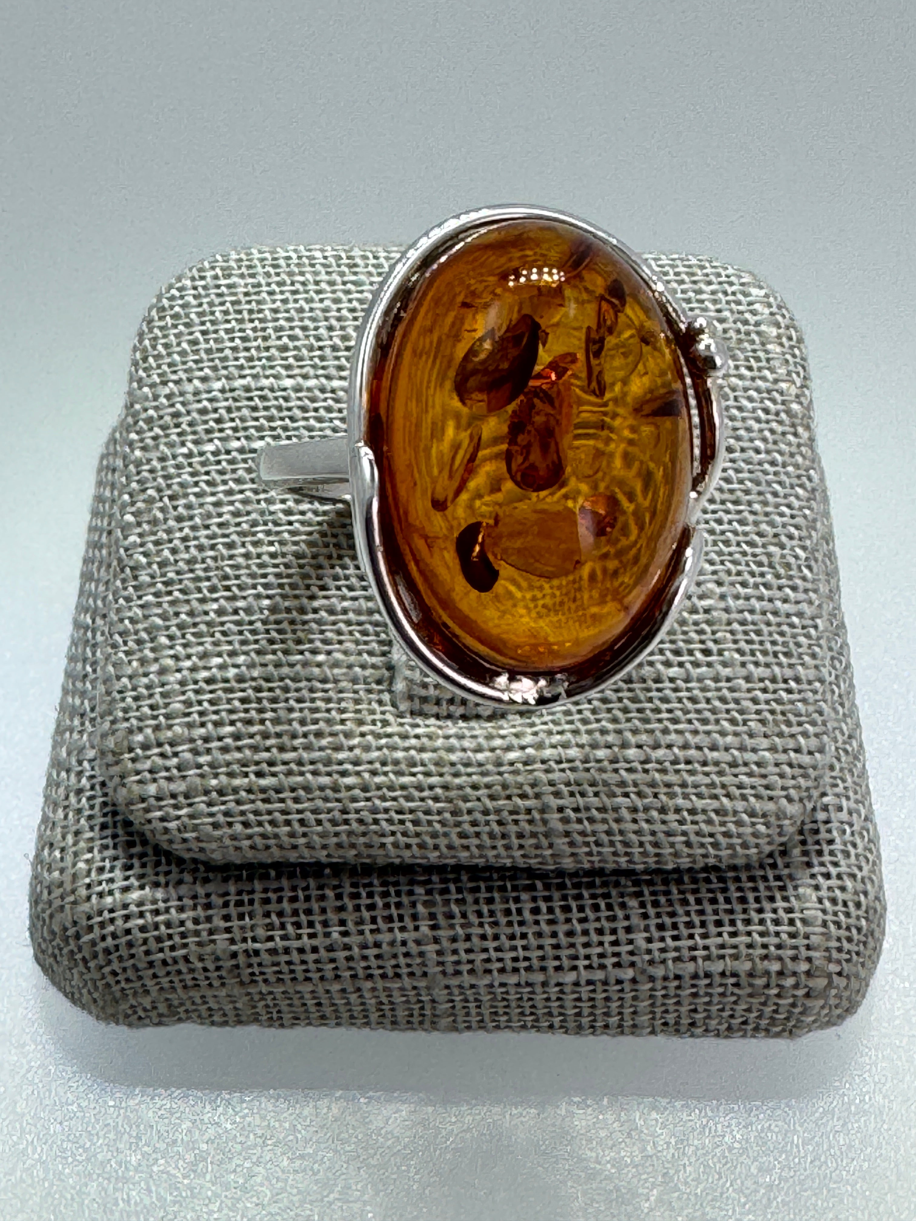 One-of-a-Kind Honey Cognac Baltic Amber Ring in Sterling Silver – Adjustable & Handmade in Poland