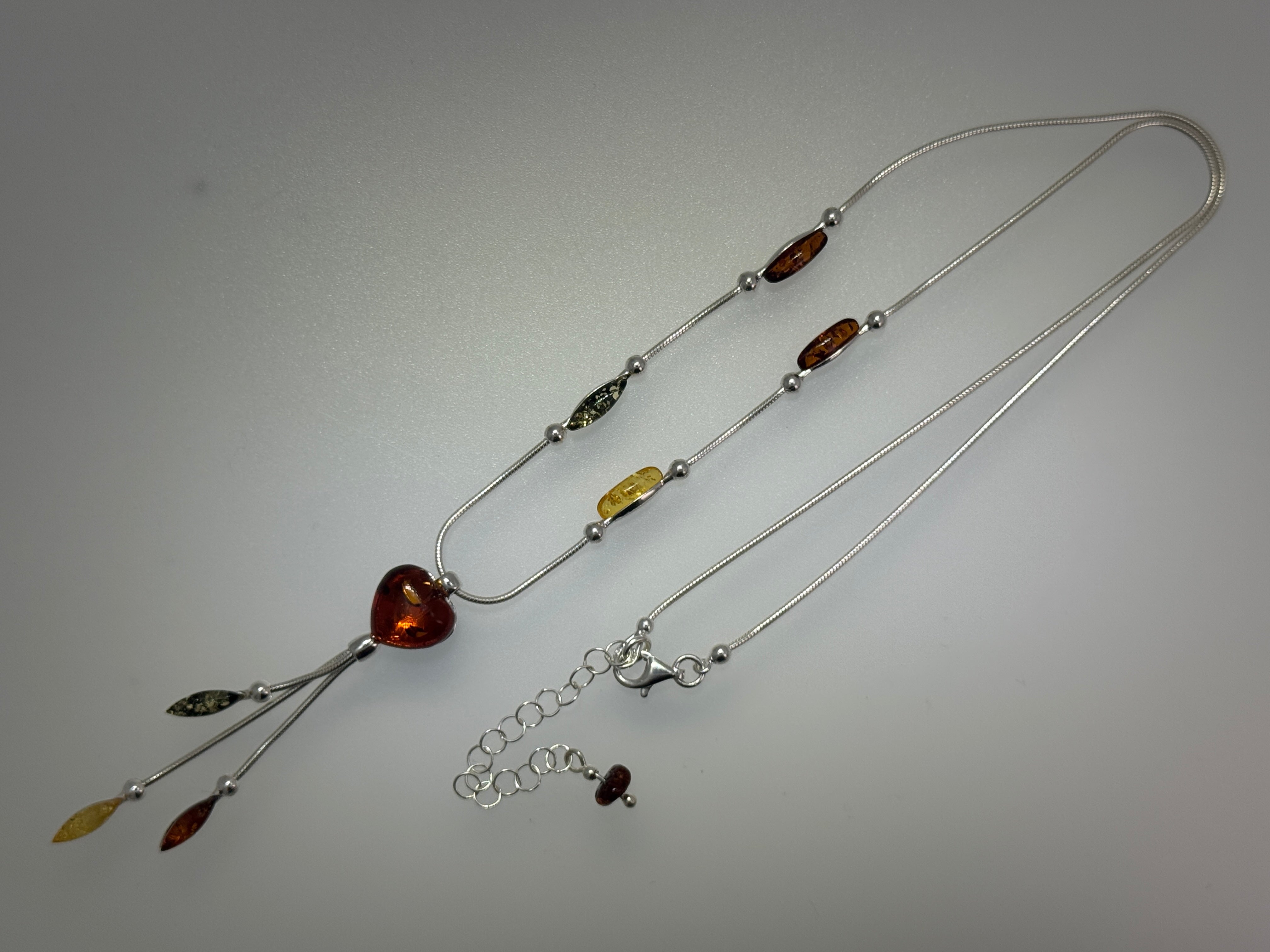 Multicolor Baltic Amber Lariat Necklace – Sterling Silver with Cognac Heart & Hanging Amber Drops