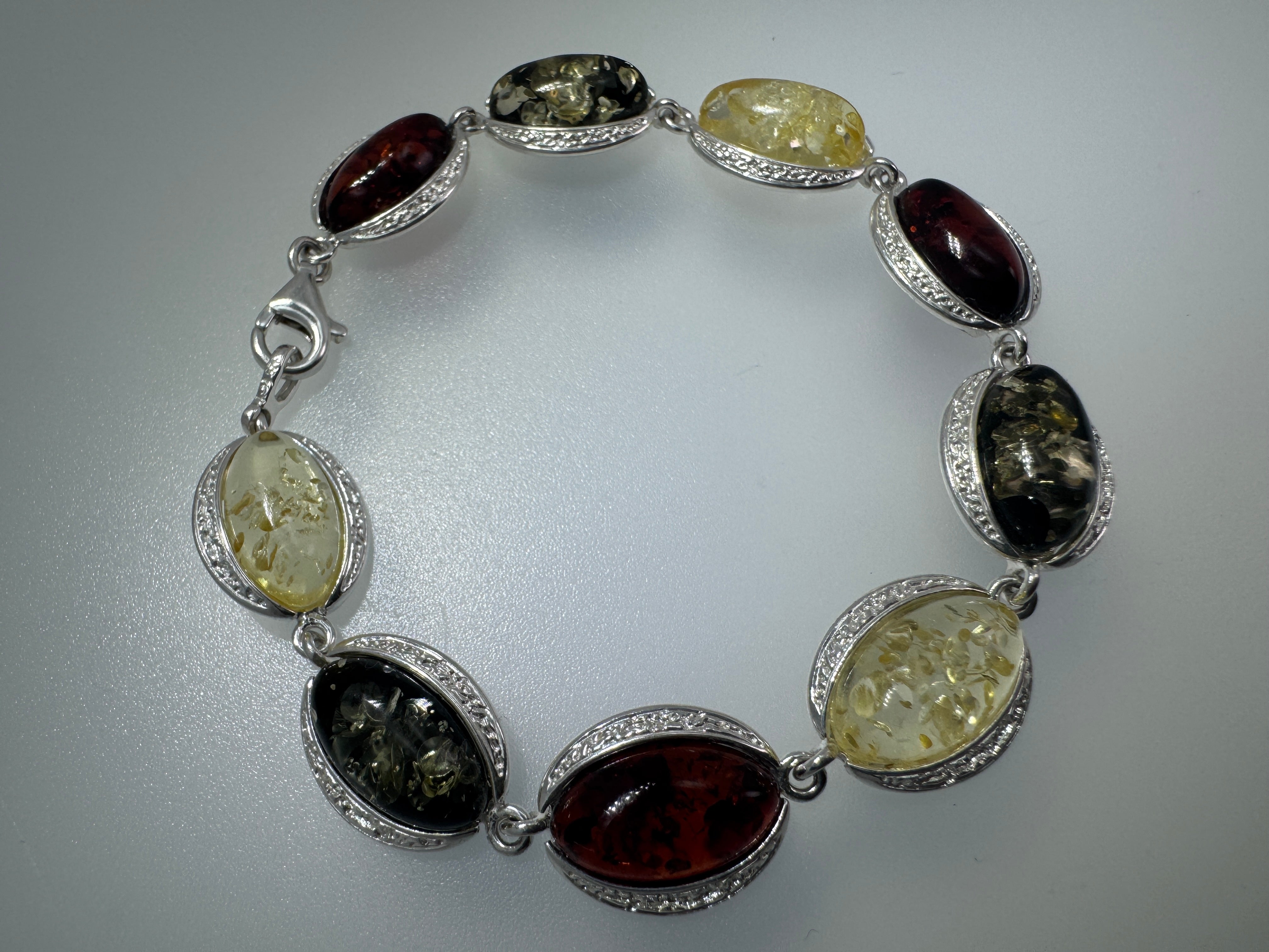 Baltic Amber Sterling Silver Link Bracelet – Cognac, Green, and Lemon Gemstone Jewelry