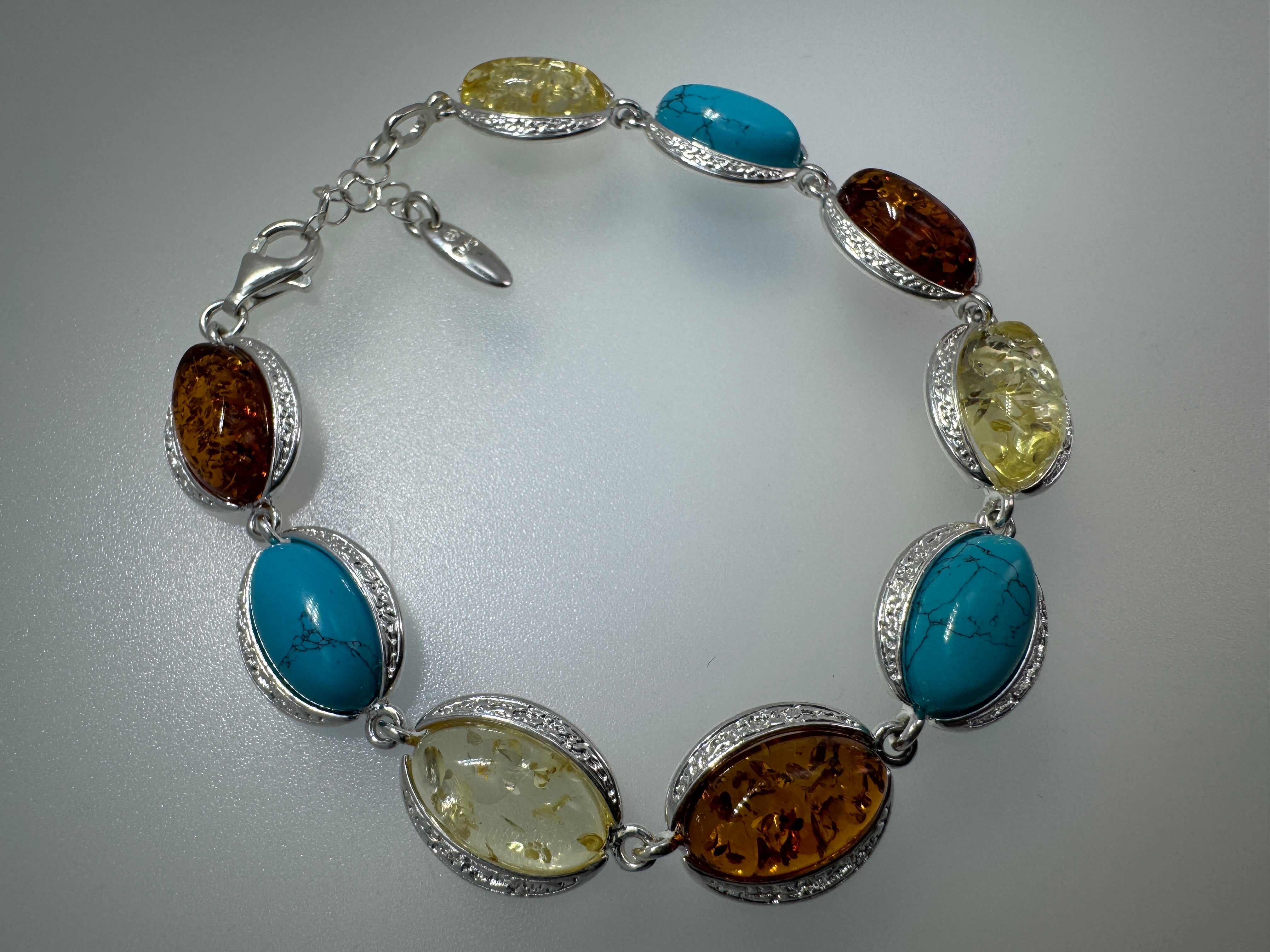 Sterling Silver Cognac & Lemon Baltic Amber with Turquoise Link Bracelet - 7"+ 1.5" Extension