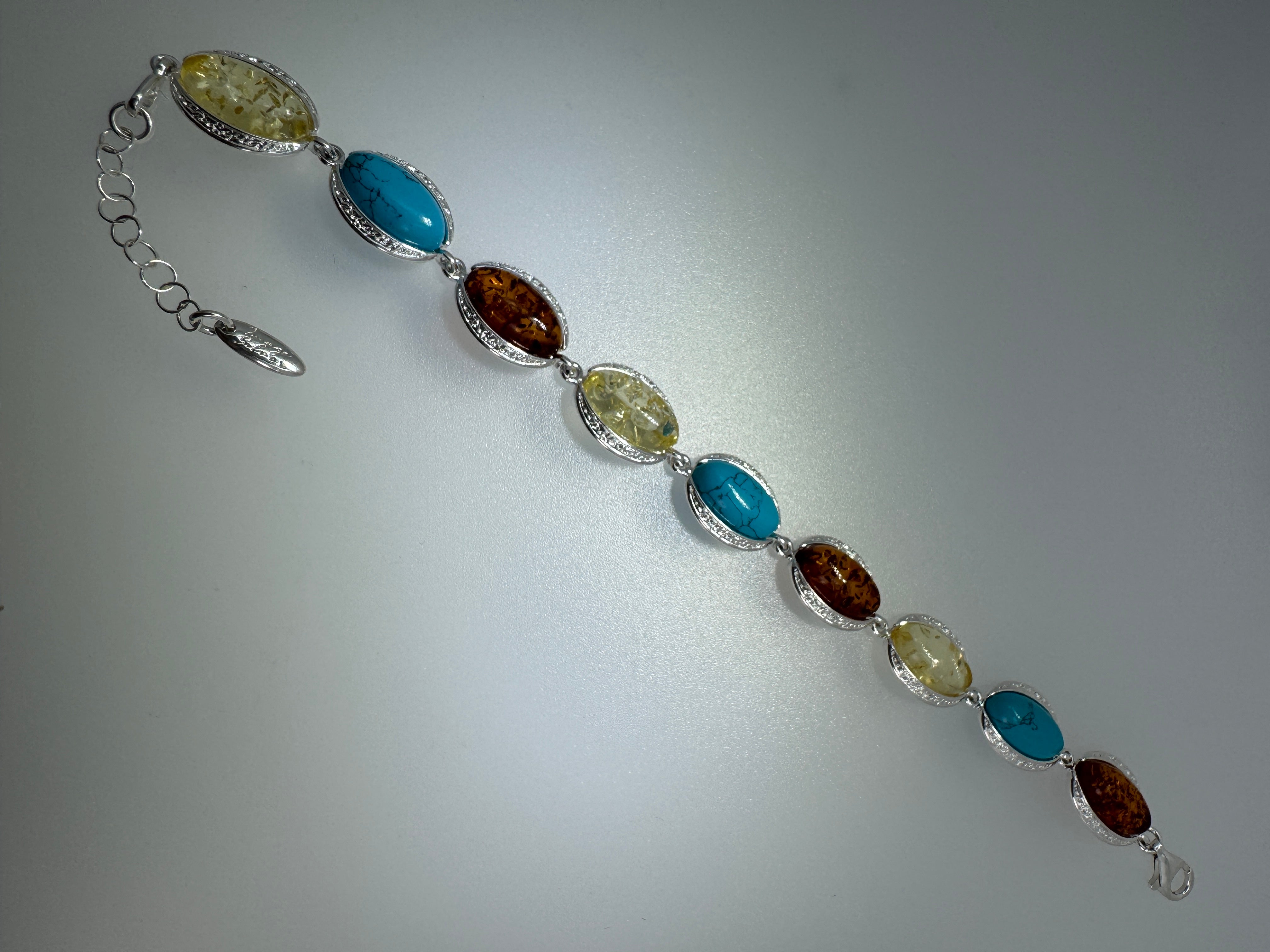 Sterling Silver Cognac & Lemon Baltic Amber with Turquoise Link Bracelet - 7"+ 1.5" Extension