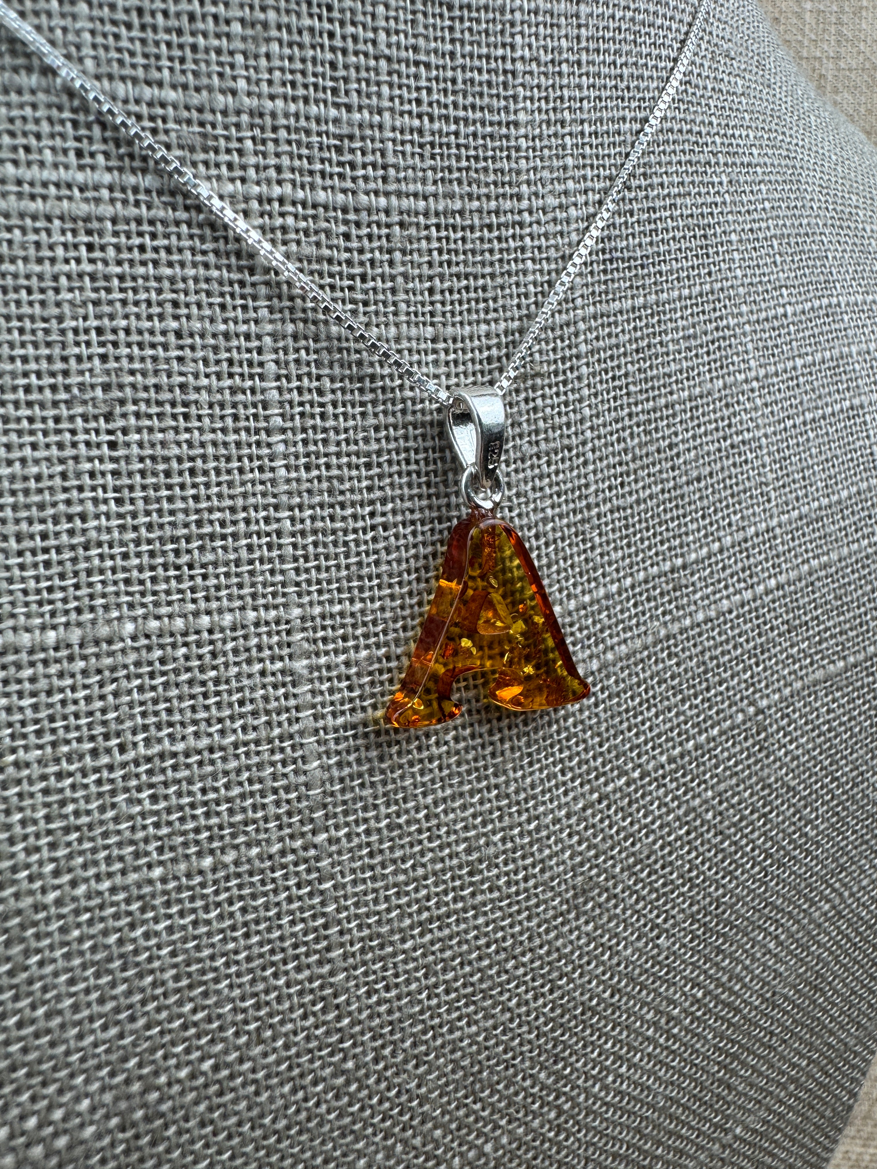 Personalized Baltic Amber Initial Pendant – Handcarved from one stone - shipped on choice of silver chain.