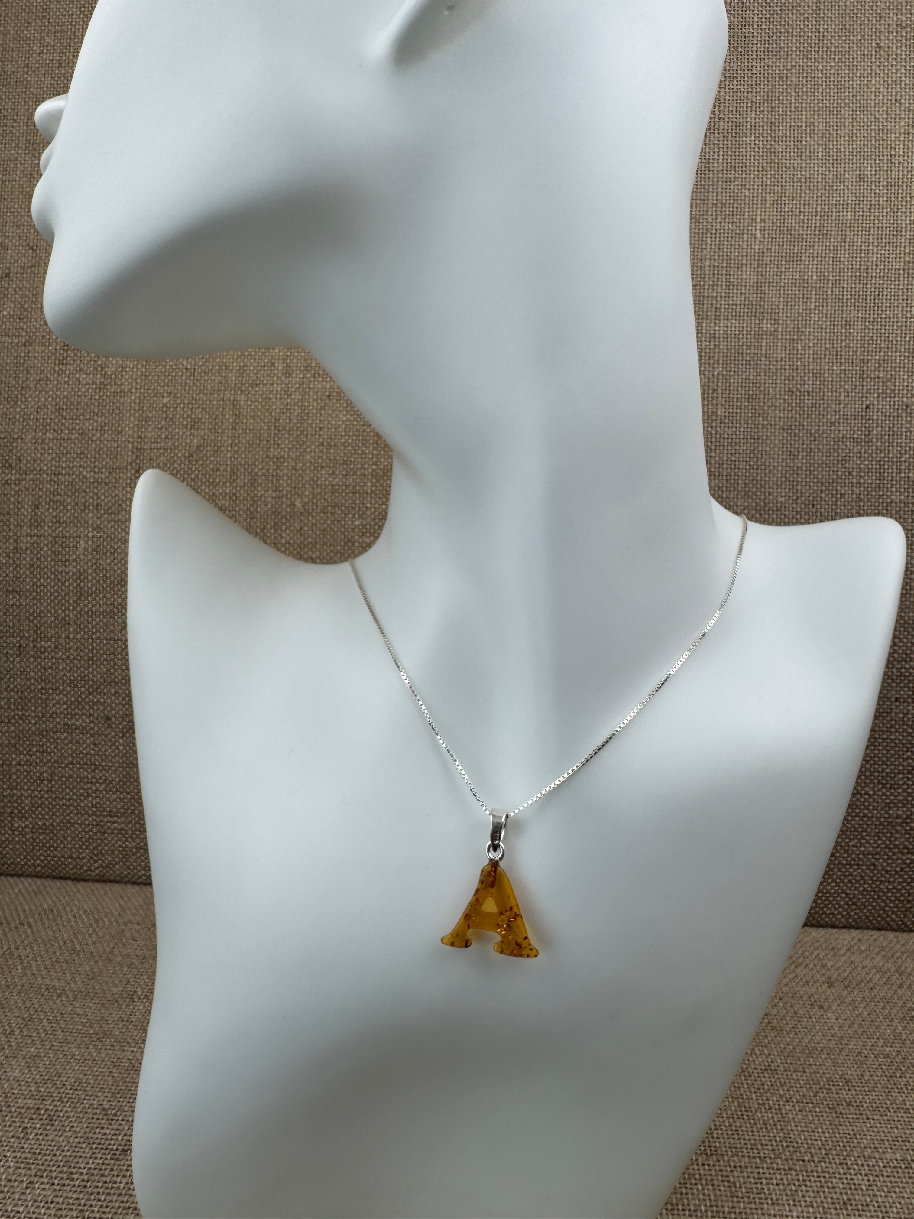 Personalized Baltic Amber Initial Pendant – Handcarved from one stone - shipped on choice of silver chain.