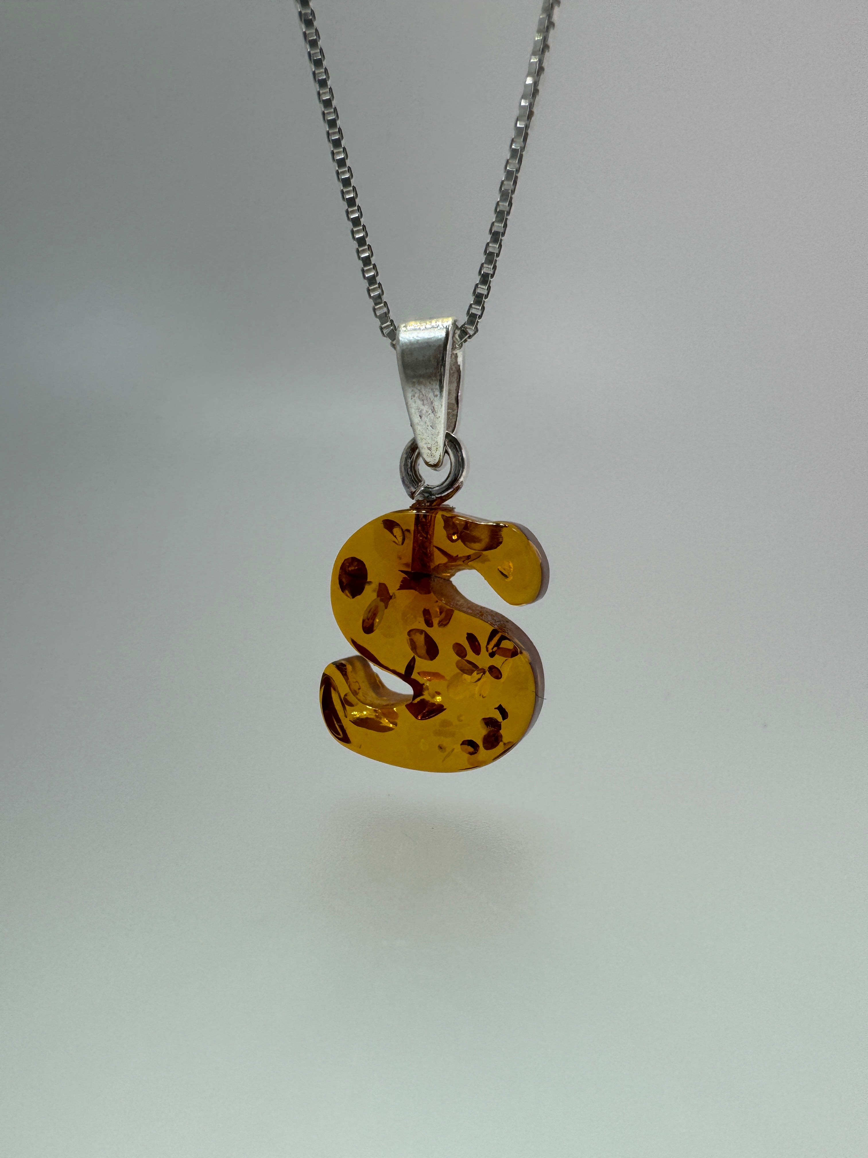 Personalized Baltic Amber Initial Pendant – Handcarved from one stone - shipped on choice of silver chain.