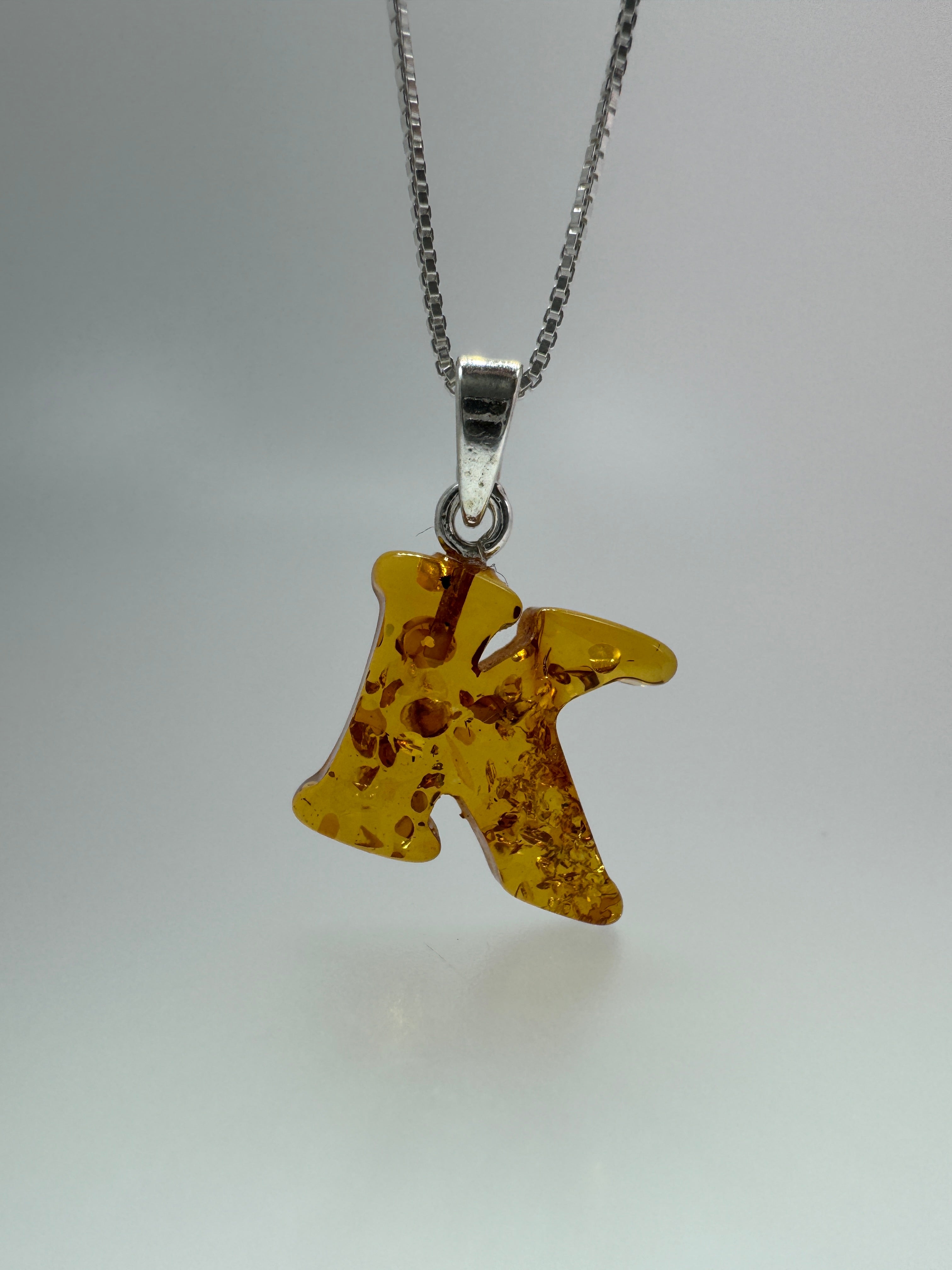 Personalized Baltic Amber Initial Pendant – Handcarved from one stone - shipped on choice of silver chain.