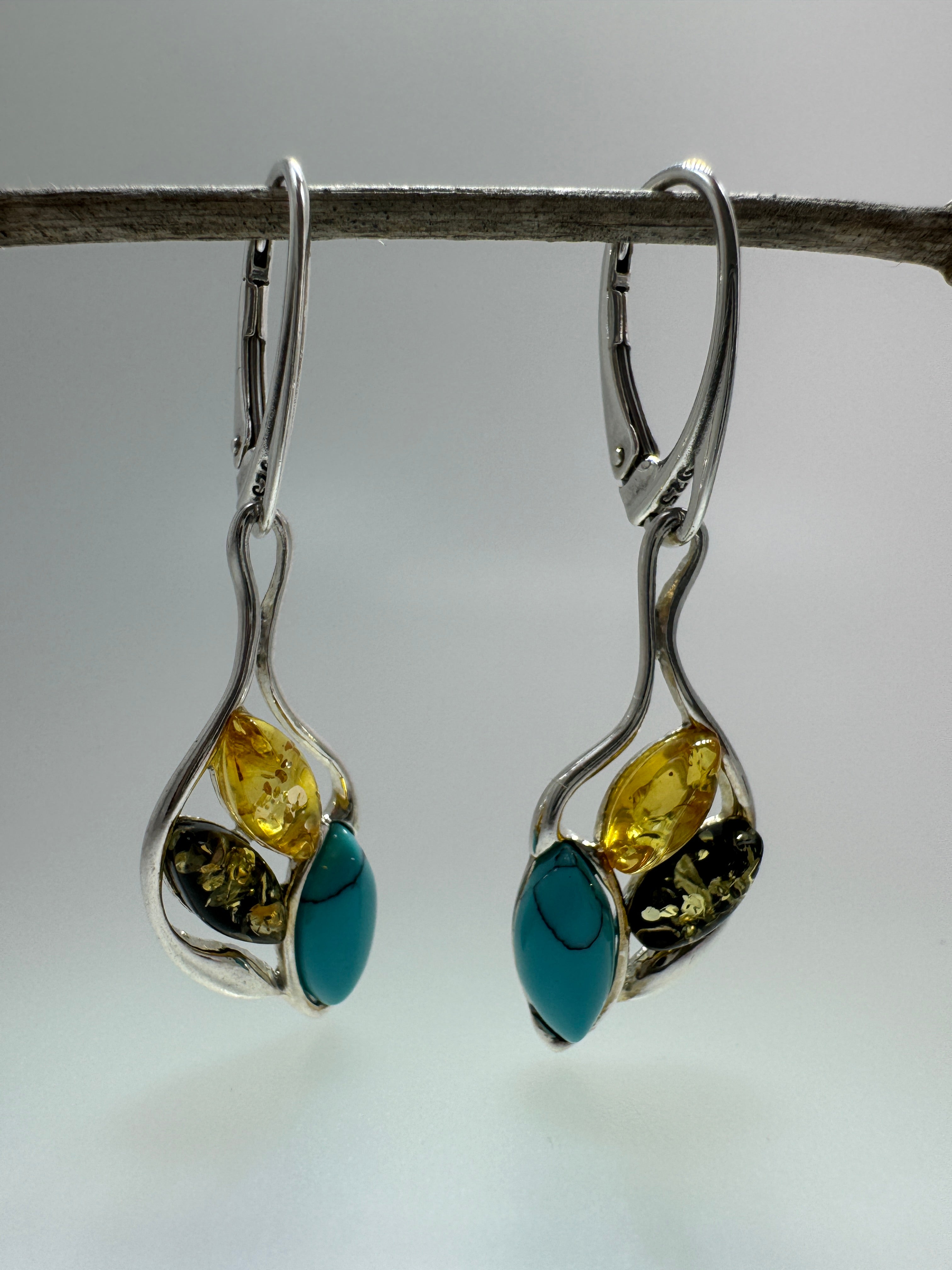 Handmade Baltic Amber & Turquoise Earrings | Sterling Silver Dangle Lever Backs from Poland