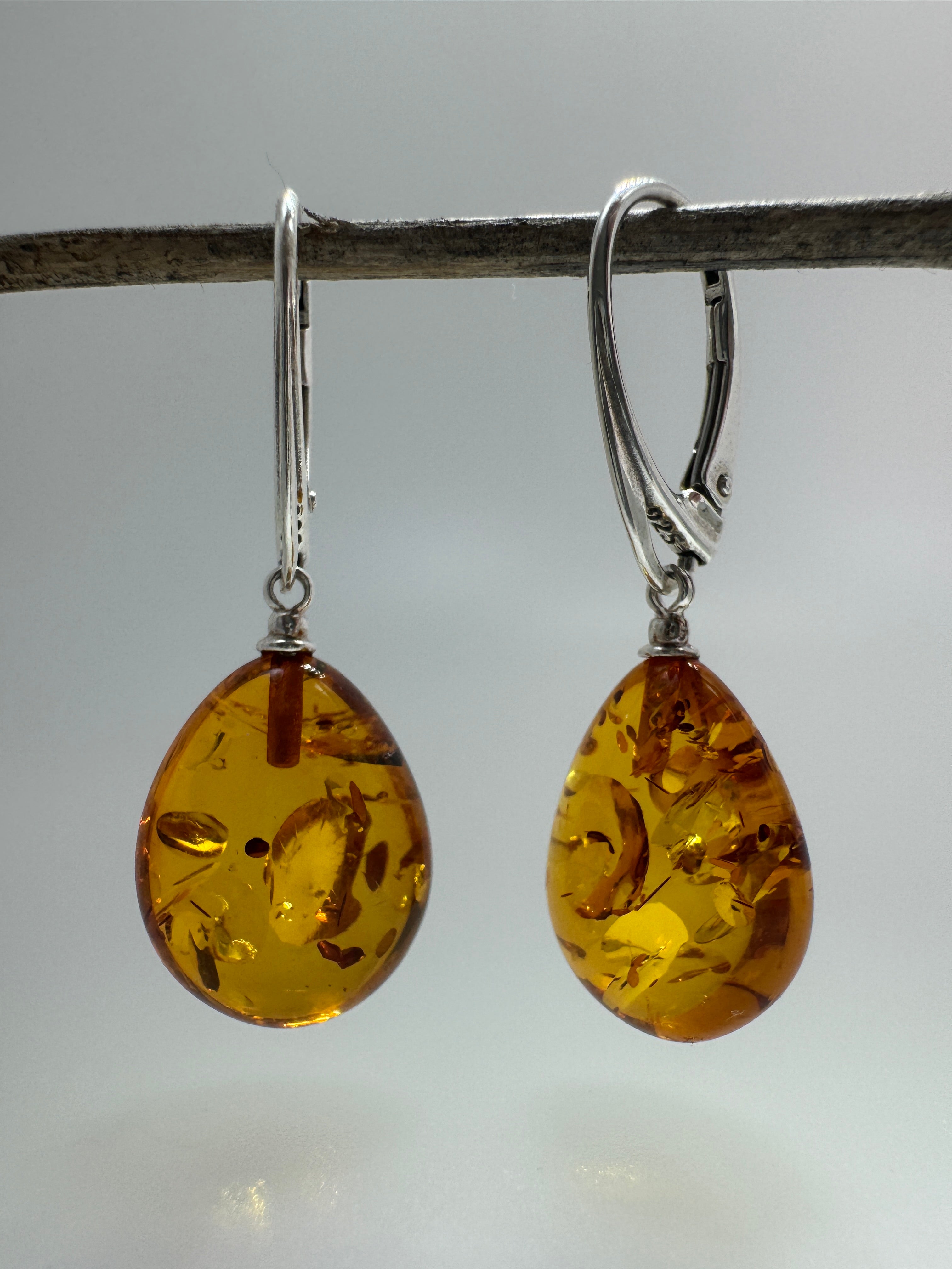 Handmade Baltic Amber Dangle Earrings | Natural Honey Cognac Teardrops with Sterling Silver Lever-Back Closures