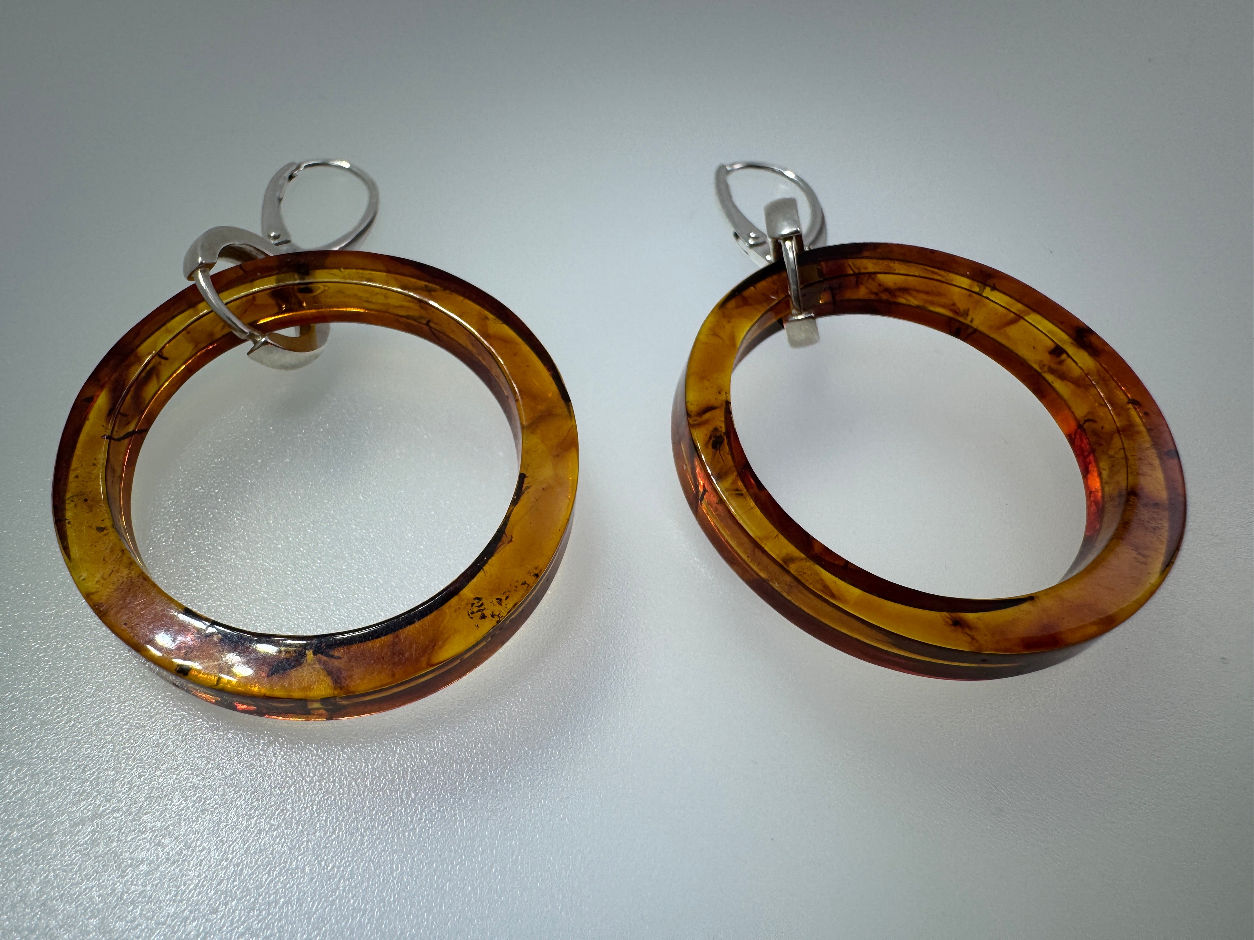 Lightweight Baltic Amber Hoop Drop LeverbackEarrings – Cognac Amber Dangles in Sterling Silver