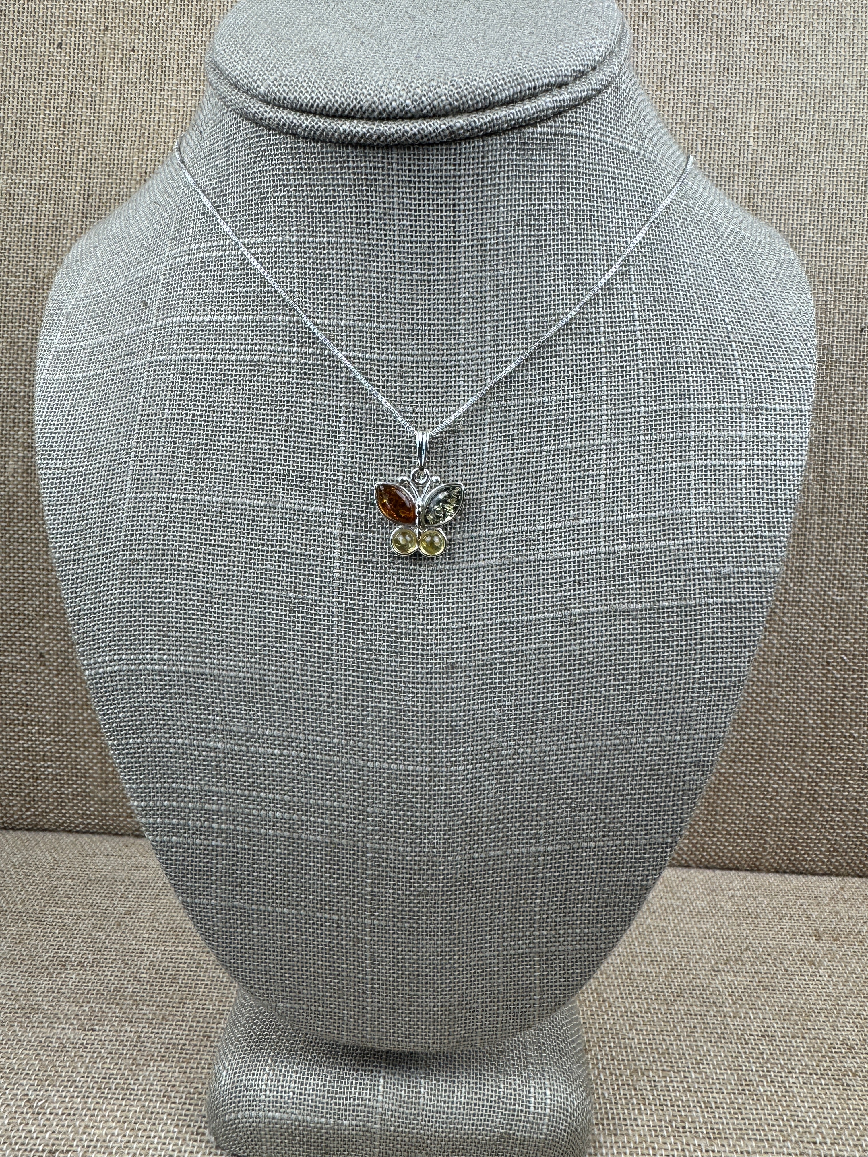Sterling Silver Multicolor Baltic Amber Butterfly Pendant – Cognac, Green & Lemon - Includes choice of silver chain - Matching Earrings Available
