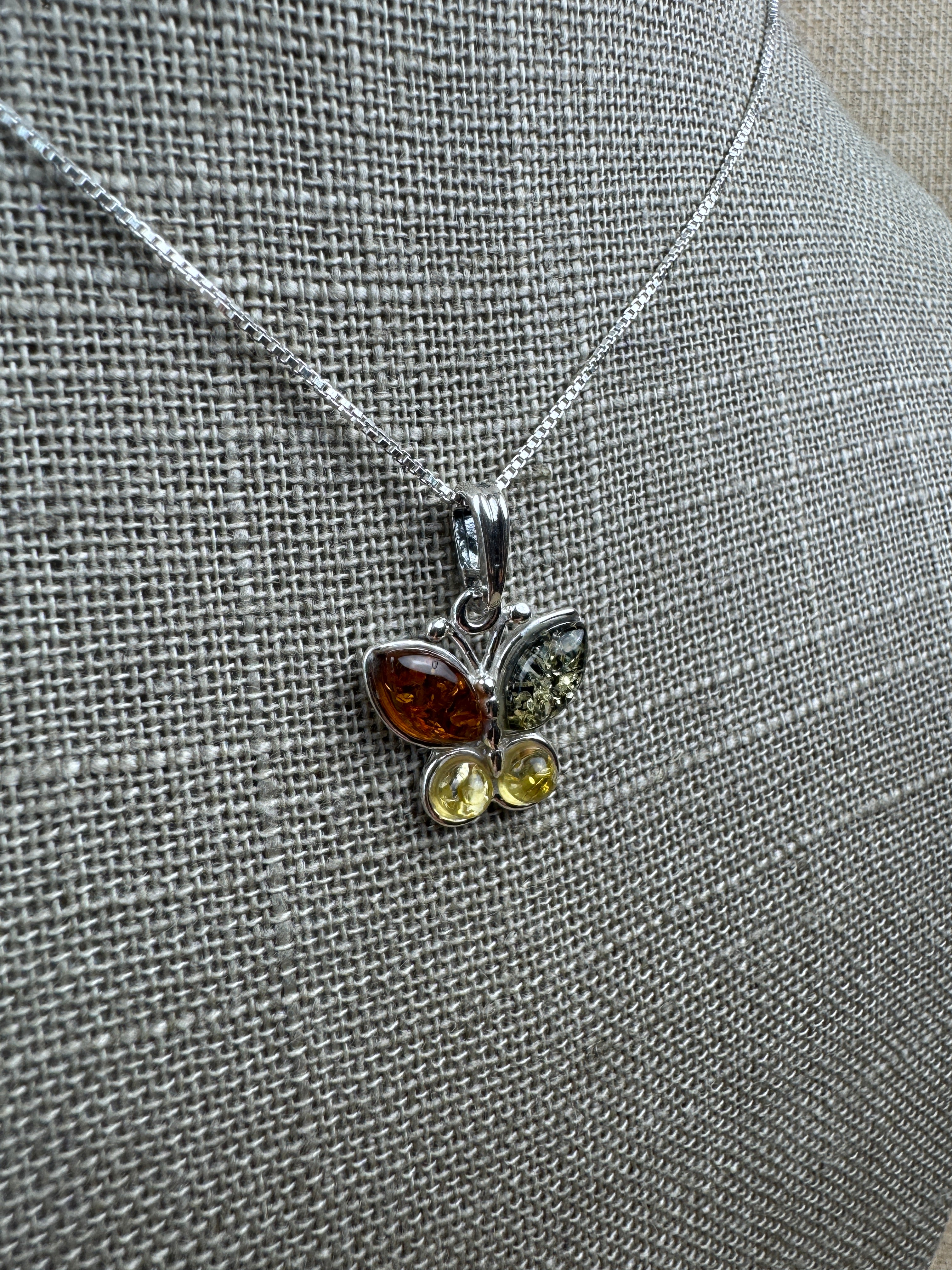 Sterling Silver Multicolor Baltic Amber Butterfly Pendant – Cognac, Green & Lemon - Includes choice of silver chain - Matching Earrings Available
