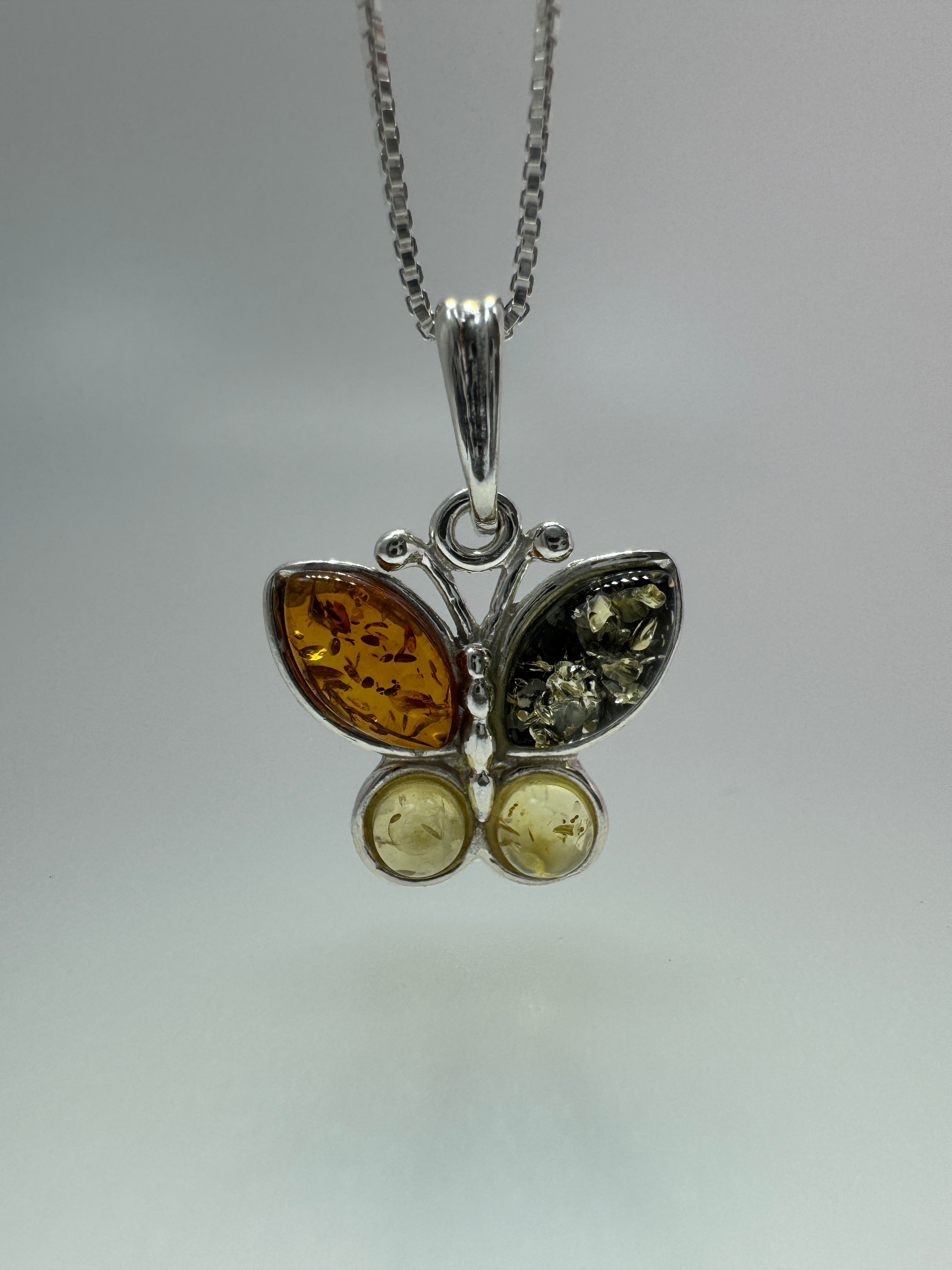 Sterling Silver Multicolor Baltic Amber Butterfly Pendant – Cognac, Green & Lemon - Includes choice of silver chain - Matching Earrings Available