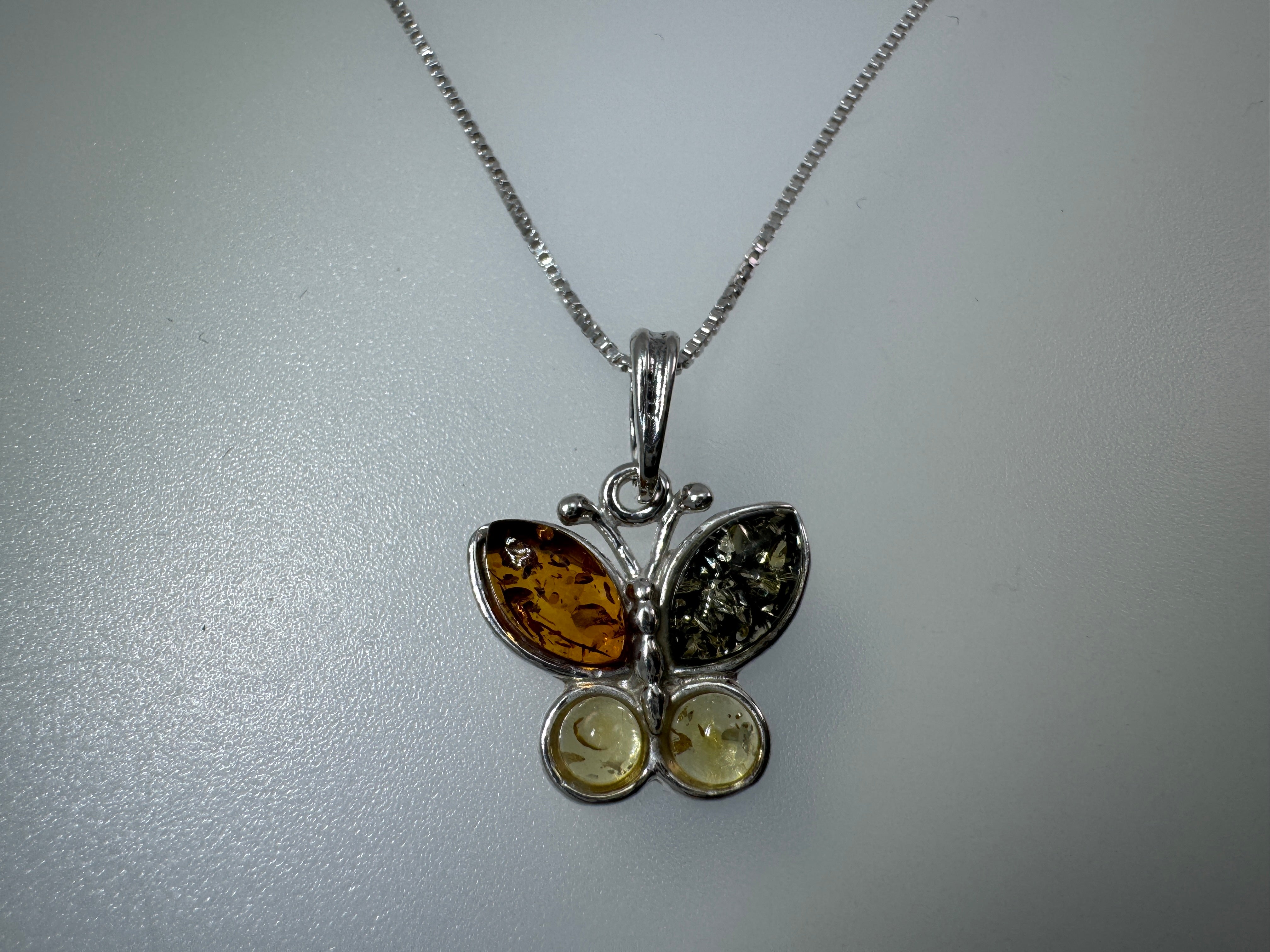 Sterling Silver Multicolor Baltic Amber Butterfly Pendant – Cognac, Green & Lemon - Includes choice of silver chain - Matching Earrings Available