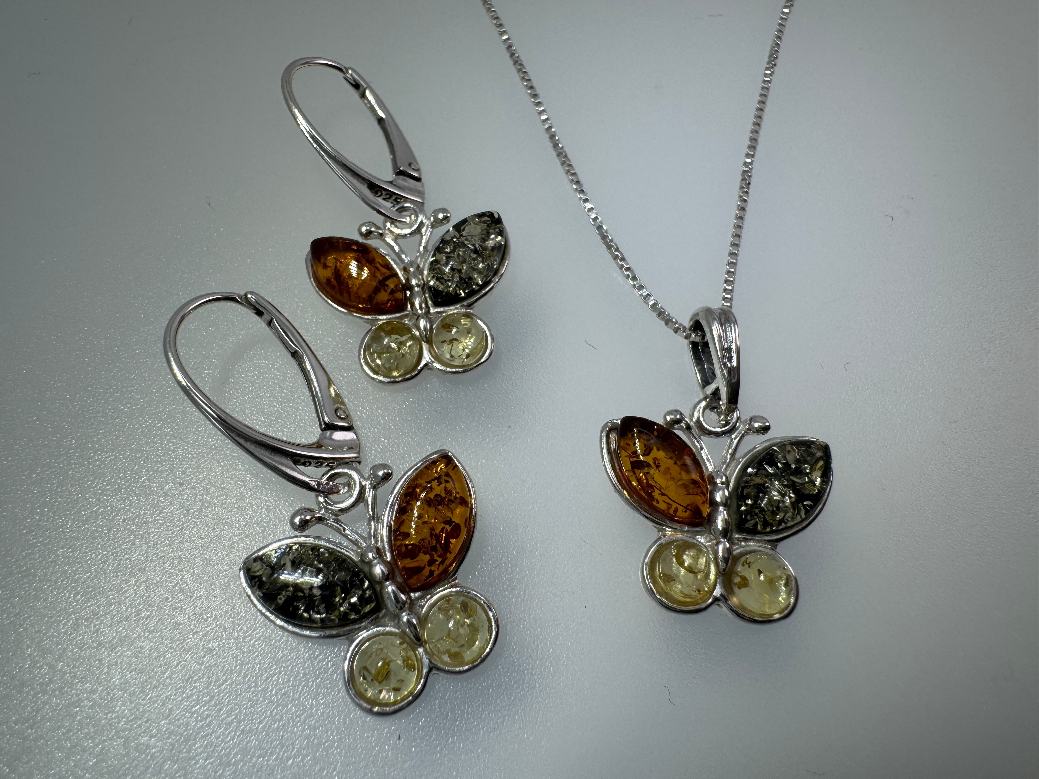 Sterling Silver Multicolor Baltic Amber Butterfly Pendant – Cognac, Green & Lemon - Includes choice of silver chain - Matching Earrings Available