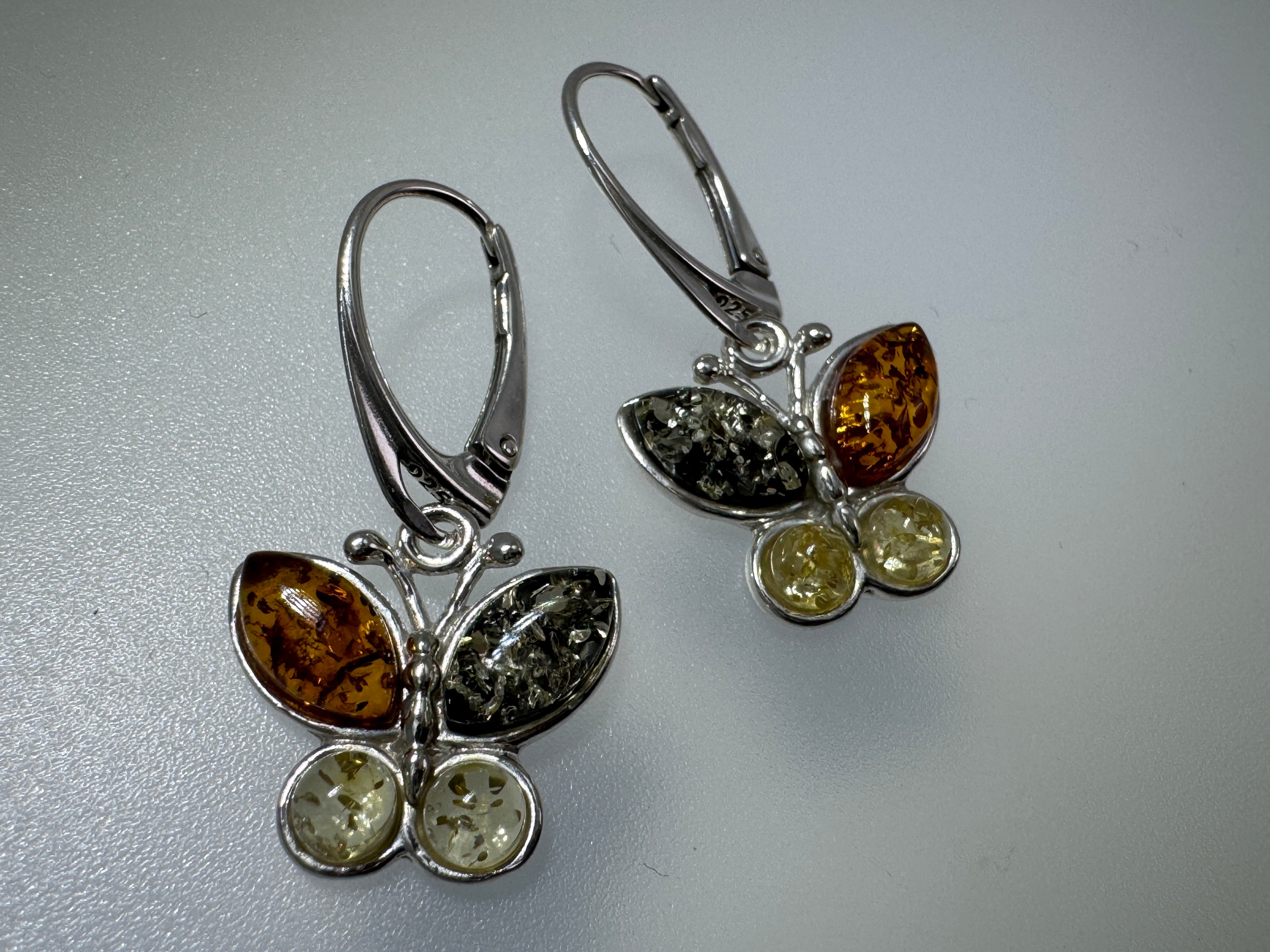 Multicolor Baltic Amber Butterfly Earrings – Sterling Silver Dangle Lever Back - Matching Pendant Available