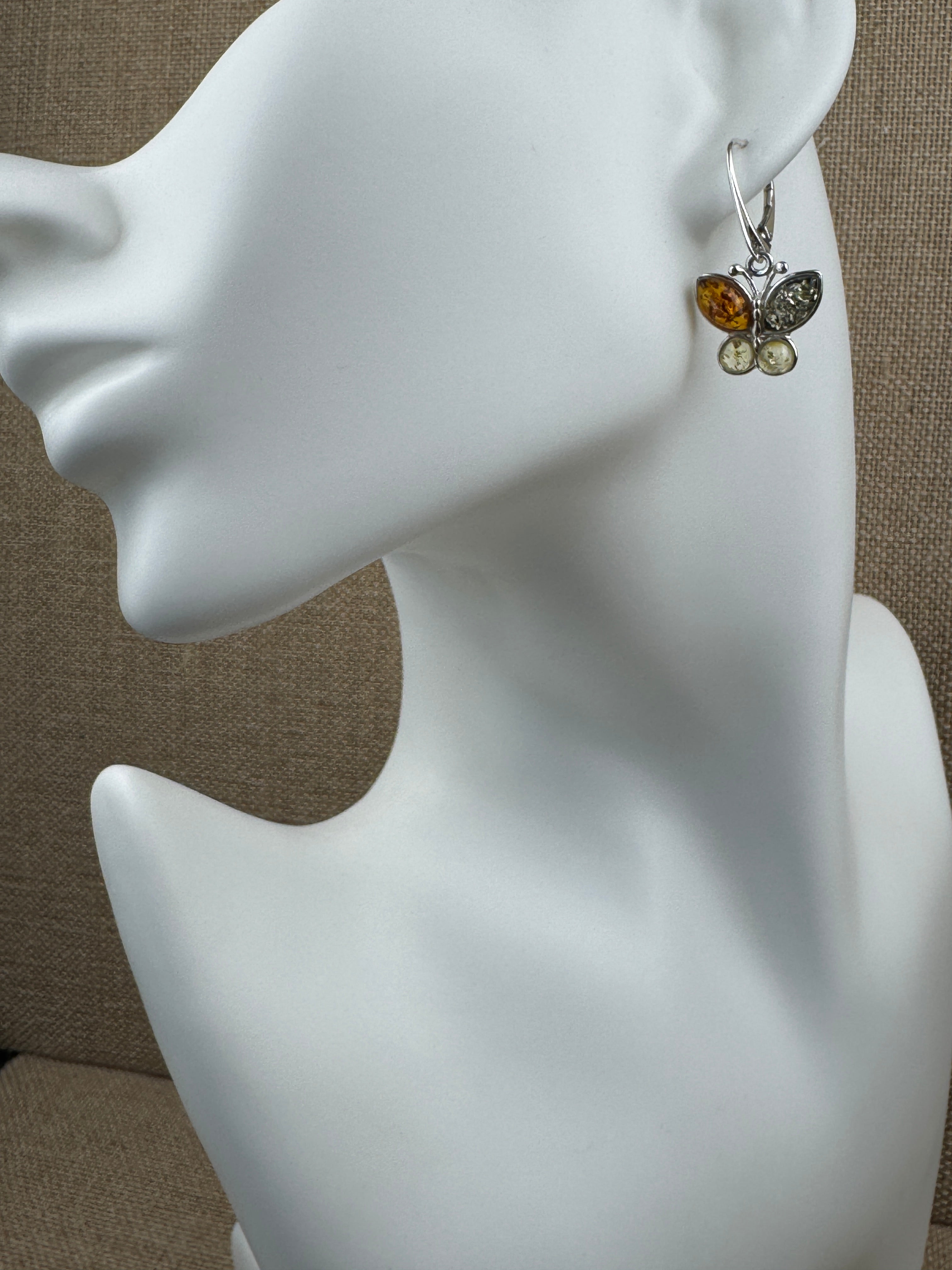 Multicolor Baltic Amber Butterfly Earrings – Sterling Silver Dangle Lever Back - Matching Pendant Available