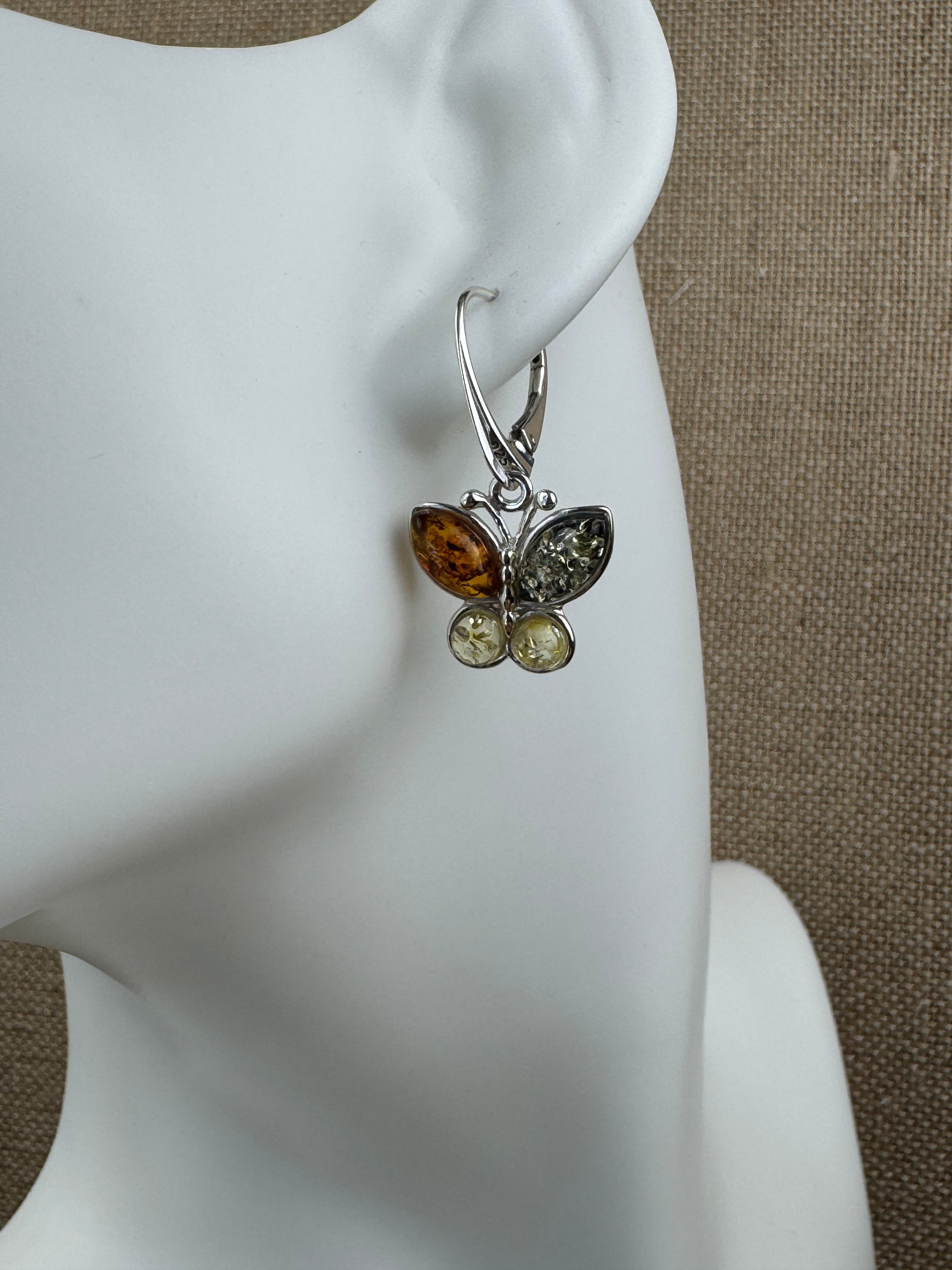 Multicolor Baltic Amber Butterfly Earrings – Sterling Silver Dangle Lever Back - Matching Pendant Available