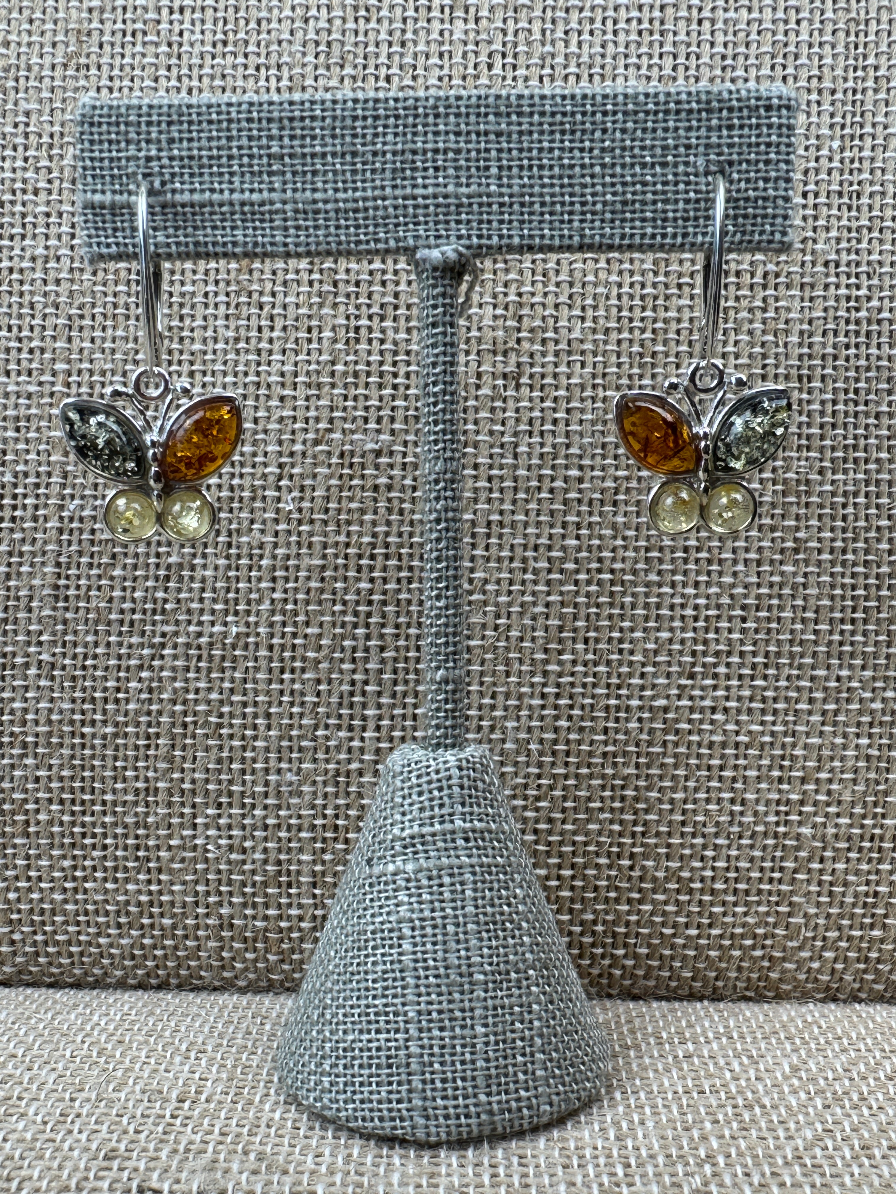 Multicolor Baltic Amber Butterfly Earrings – Sterling Silver Dangle Lever Back - Matching Pendant Available