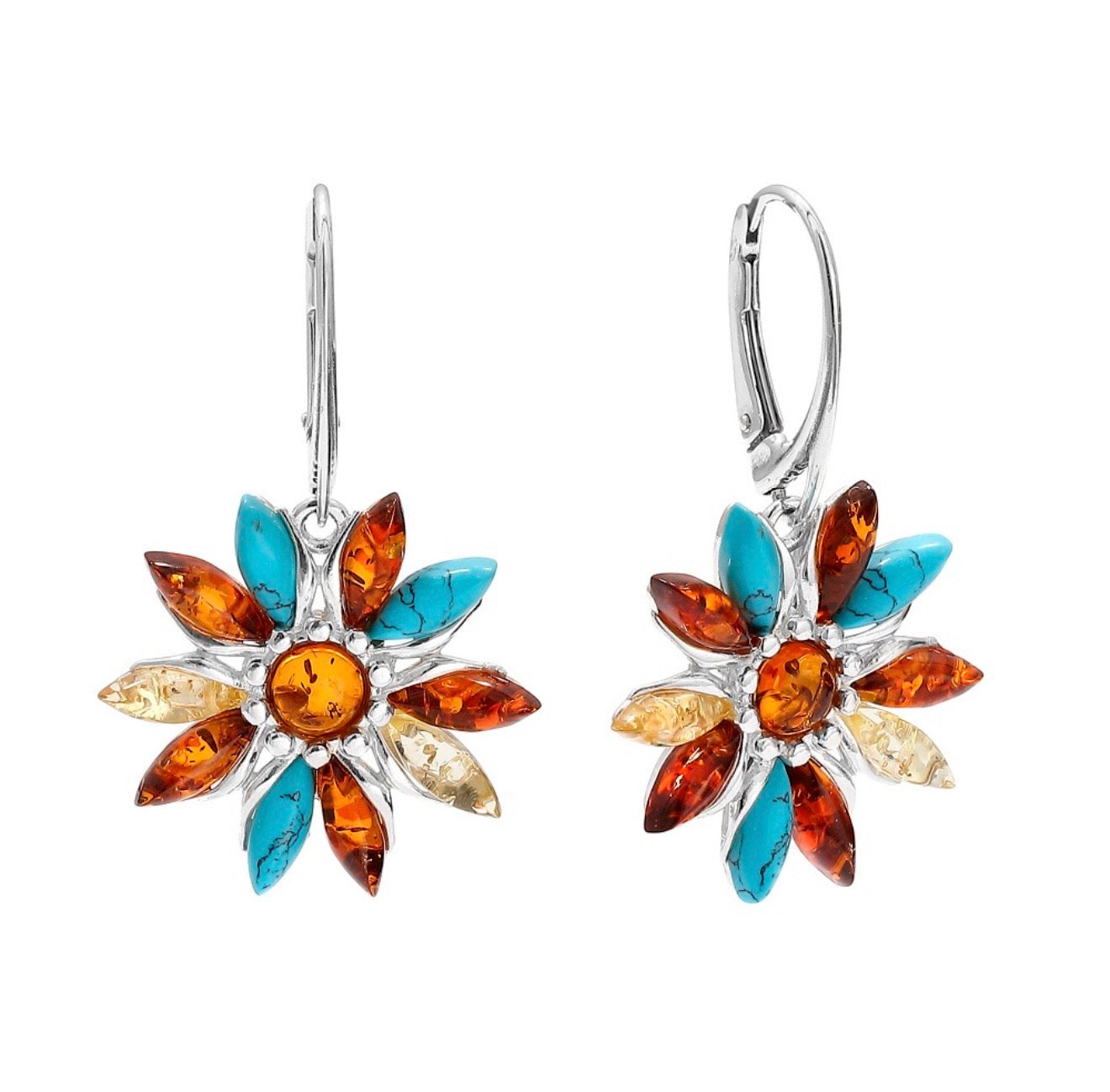 Sterling Silver Floral Dangle Earrings with Multicolor Baltic Amber and Turquoise - Leverback Closure - handmade in Poland