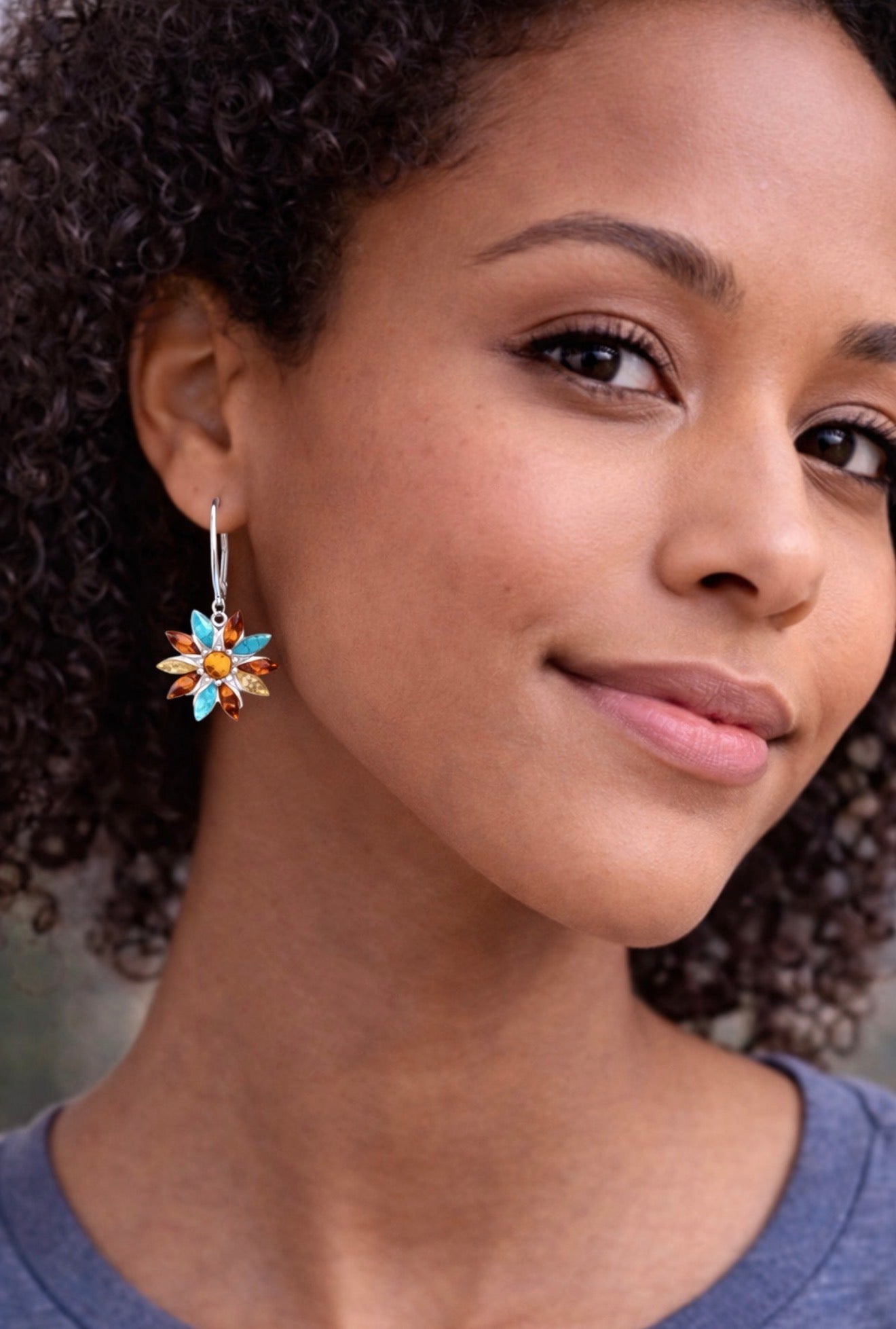 Sterling Silver Floral Dangle Earrings with Multicolor Baltic Amber and Turquoise - Leverback Closure - handmade in Poland