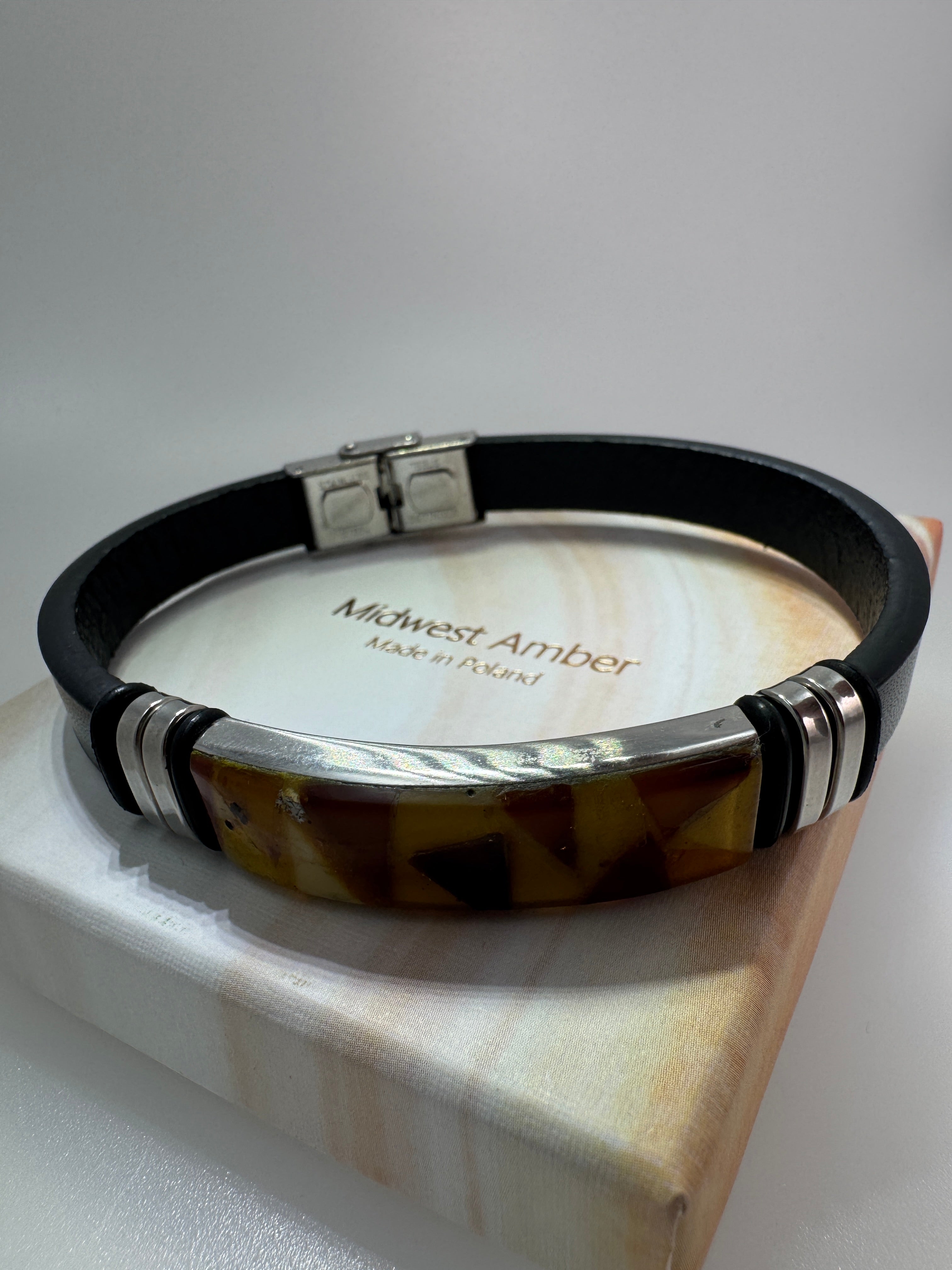 Men’s Black Genuine Leather Bracelet with Mosaic Inlay Baltic Amber – 9.5” Adjustable Length - Handmade Gift for Him
