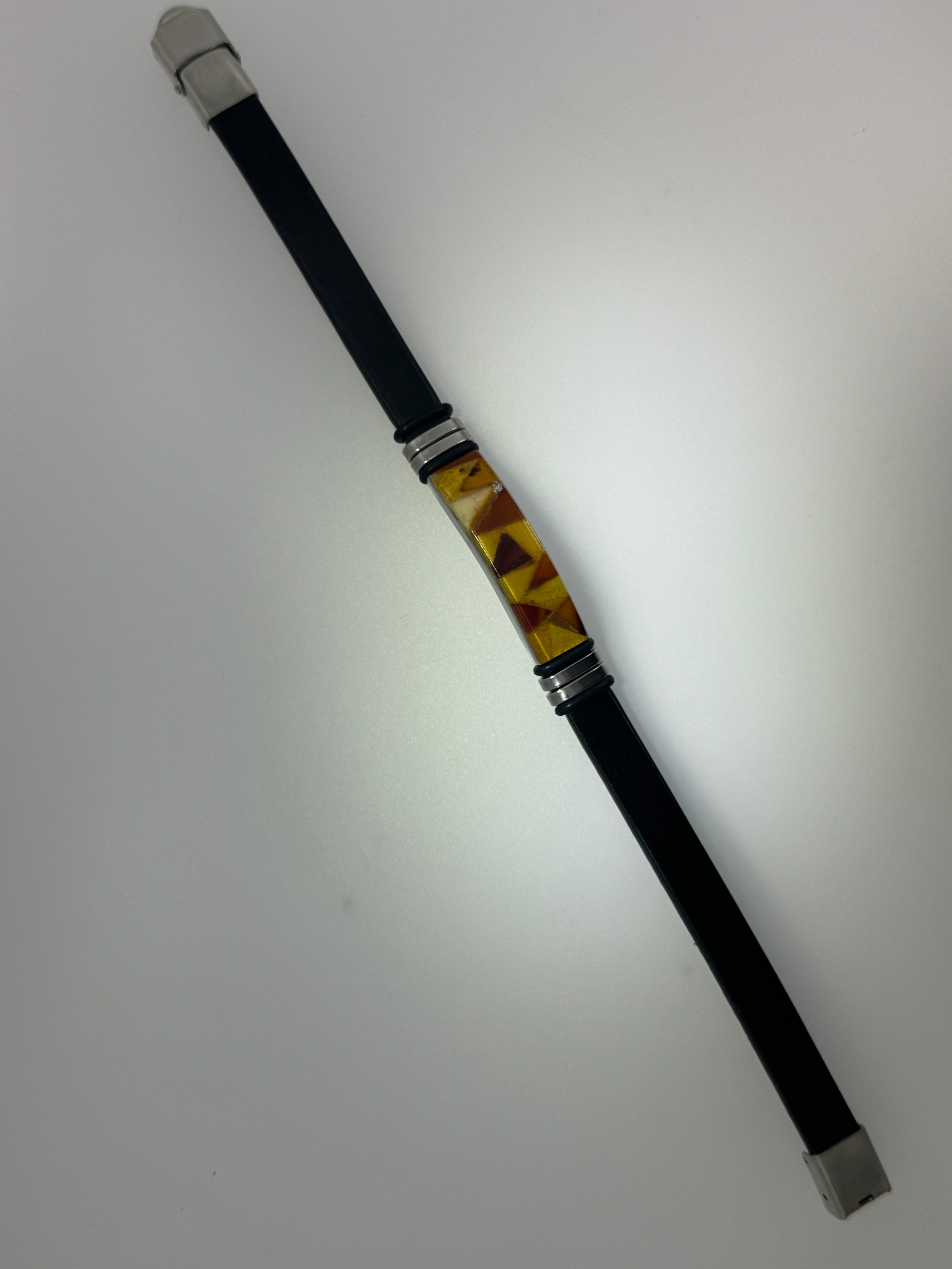 Men’s Black Genuine Leather Bracelet with Mosaic Inlay Baltic Amber – 9.5” Adjustable Length - Handmade Gift for Him