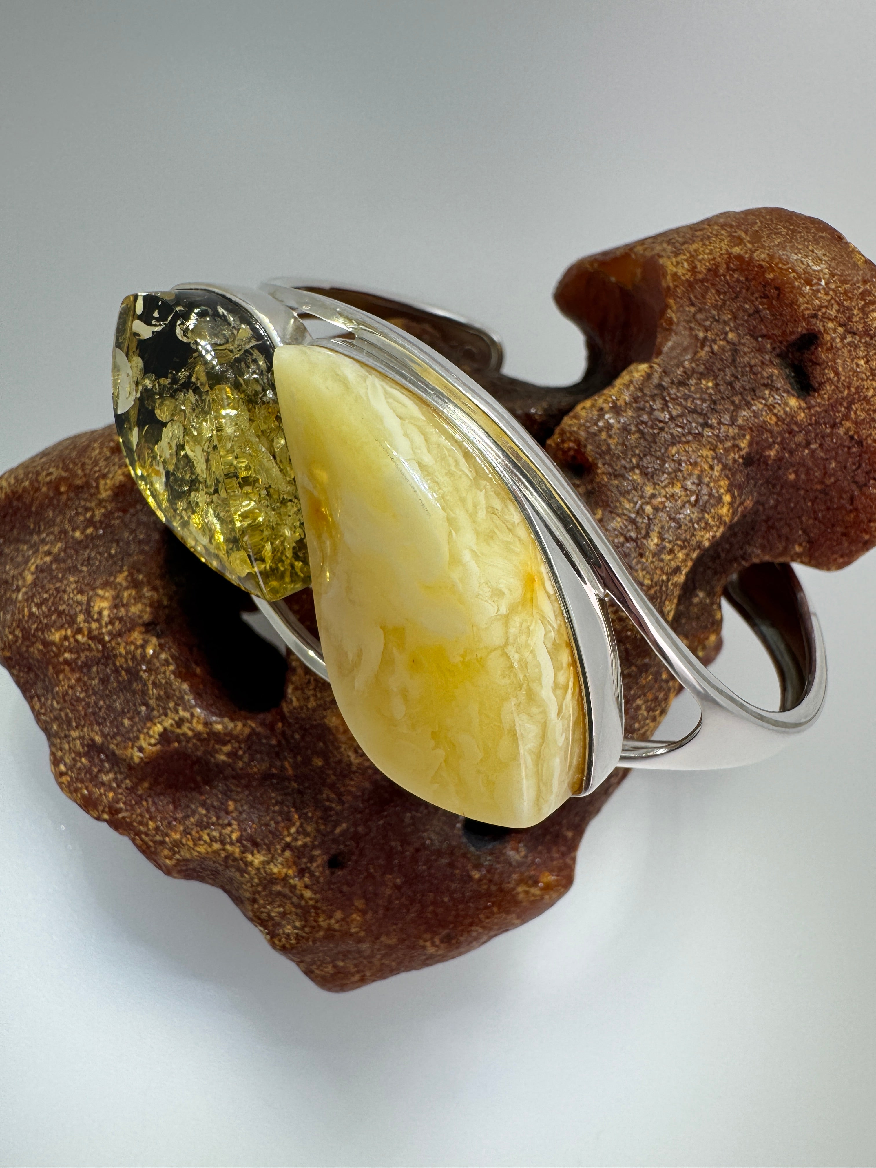 Handmade Sterling Silver Baltic Amber Cuff Bracelet – Green & Butterscotch Statement Piece