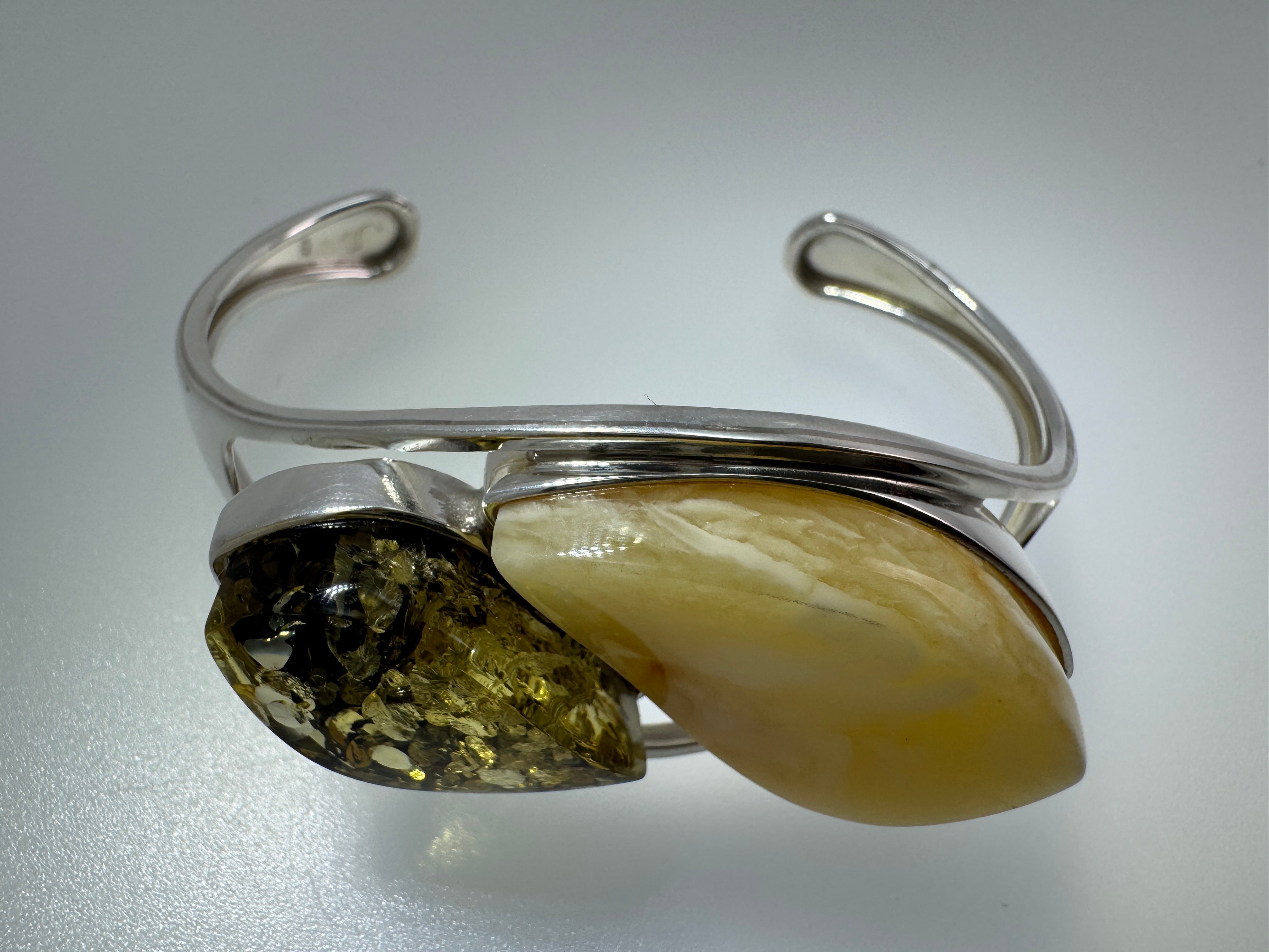 Handmade Sterling Silver Baltic Amber Cuff Bracelet – Green & Butterscotch Statement Piece
