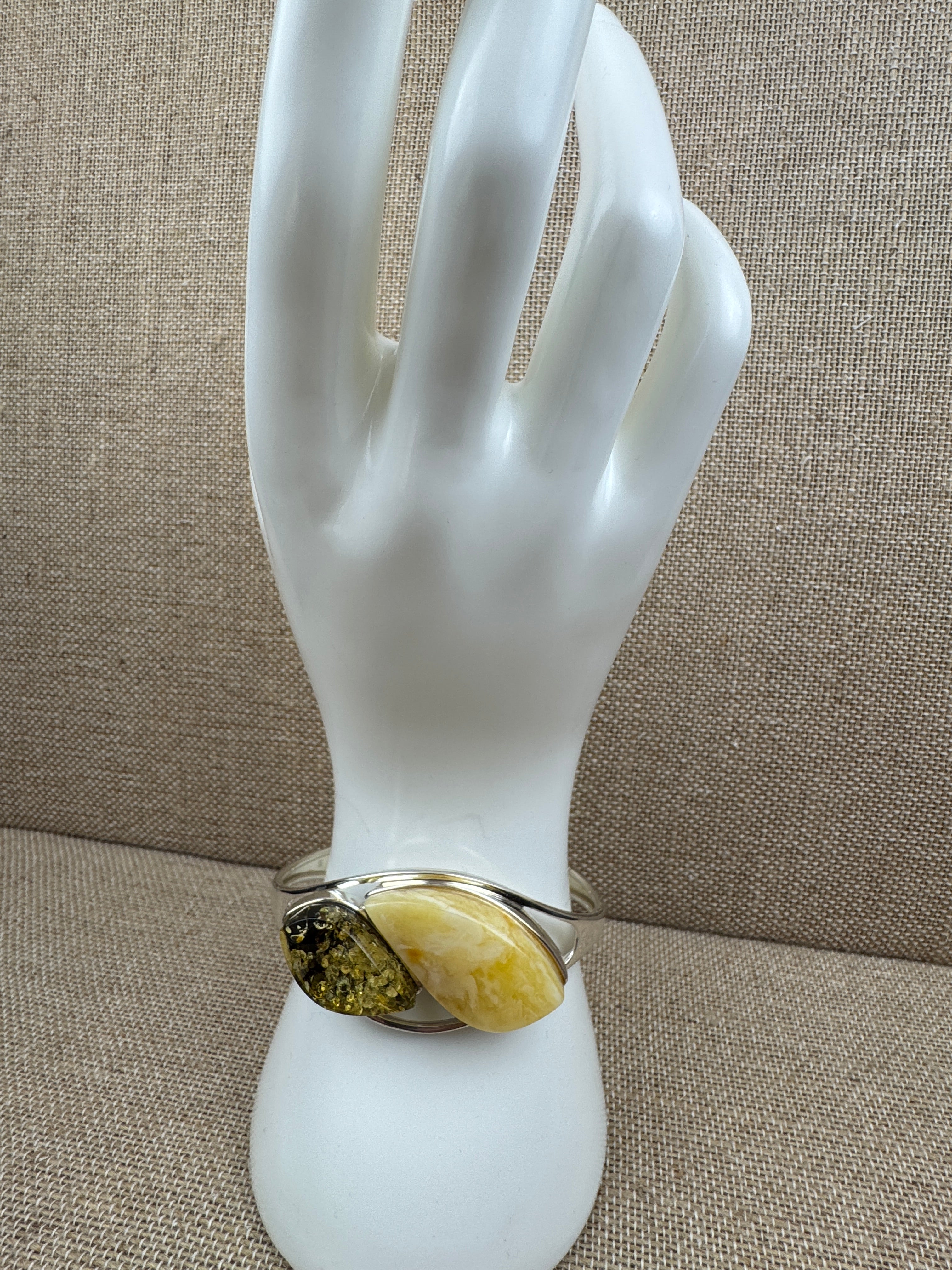 Handmade Sterling Silver Baltic Amber Cuff Bracelet – Green & Butterscotch Statement Piece