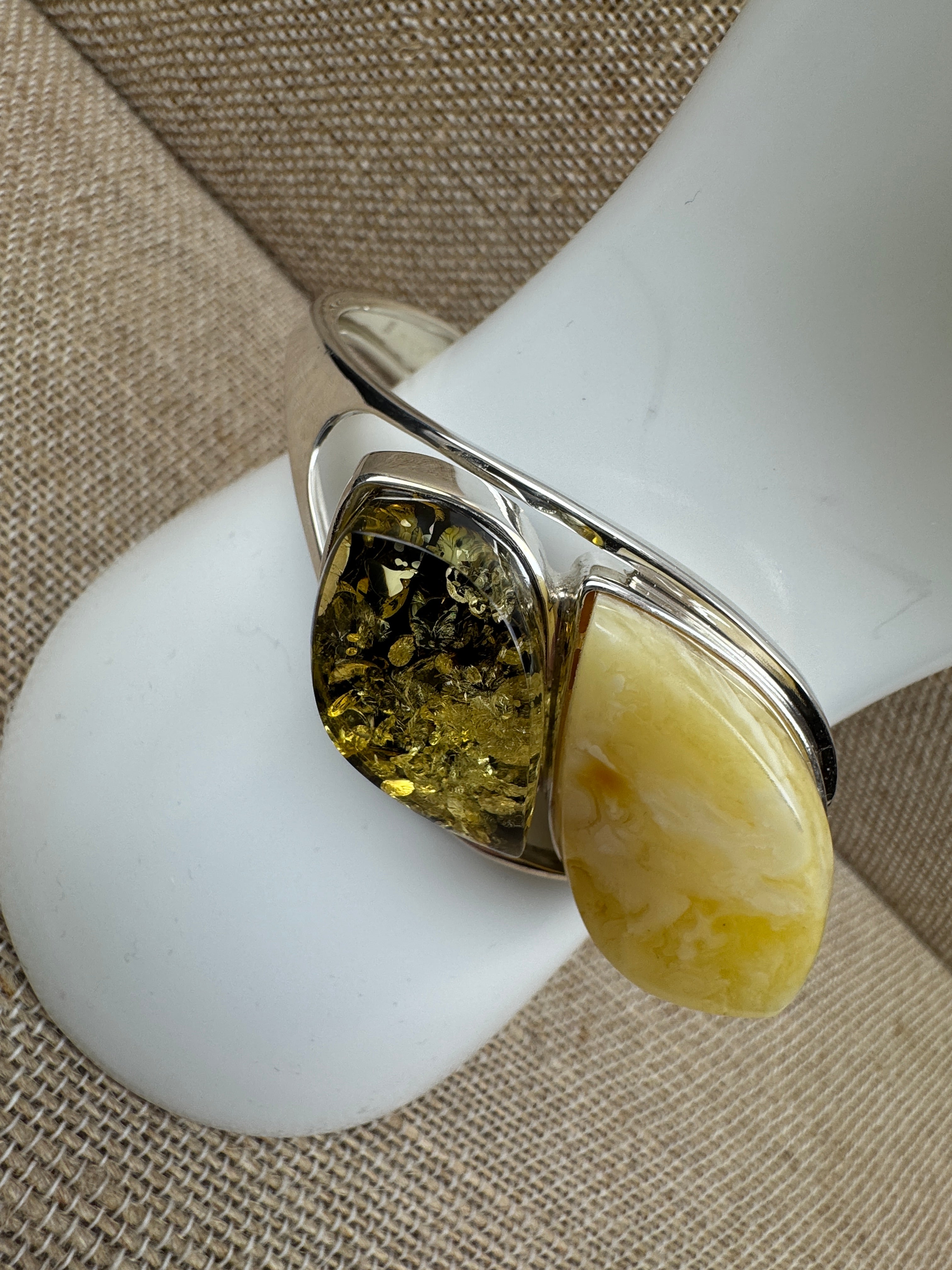 Handmade Sterling Silver Baltic Amber Cuff Bracelet – Green & Butterscotch Statement Piece