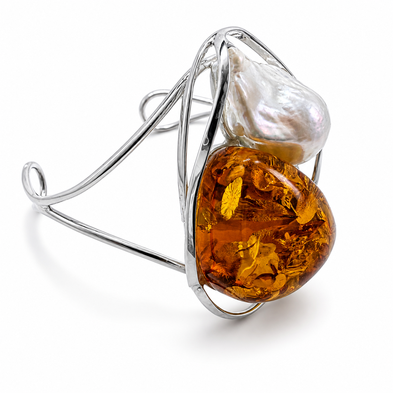 Keshi Pearl & Sterling Silver Baltic Amber Cuff Bracelet – One of a Kind Museum Quality Statement Piece