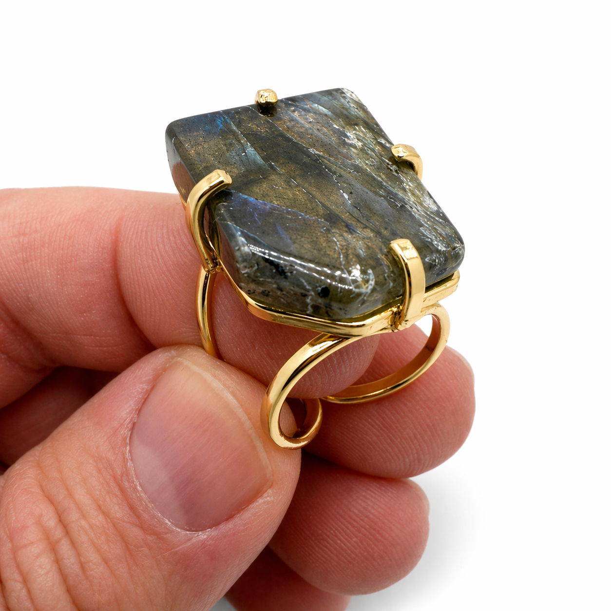 Labradorite Statement Ring Gold Plated Brass, Adjustable Open Shank Ring, Handmade Brazil Gemstone Jewelry, Flash Labradorite One of a Kind Ring