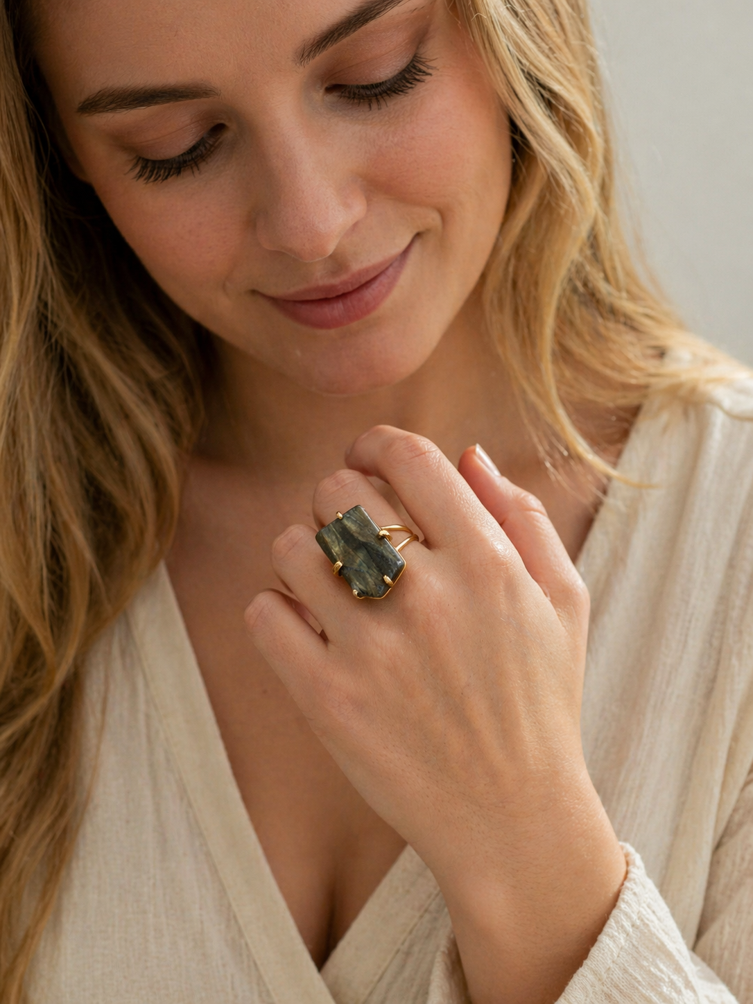 Labradorite Statement Ring Gold Plated Brass, Adjustable Open Shank Ring, Handmade Brazil Gemstone Jewelry, Flash Labradorite One of a Kind Ring