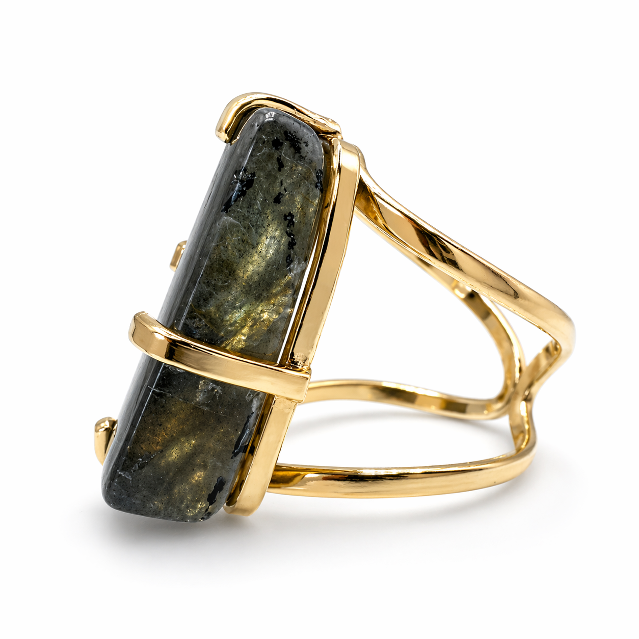 Labradorite Statement Ring Gold Plated Brass, Adjustable Open Shank Ring, Handmade Brazil Gemstone Jewelry, Flash Labradorite One of a Kind Ring