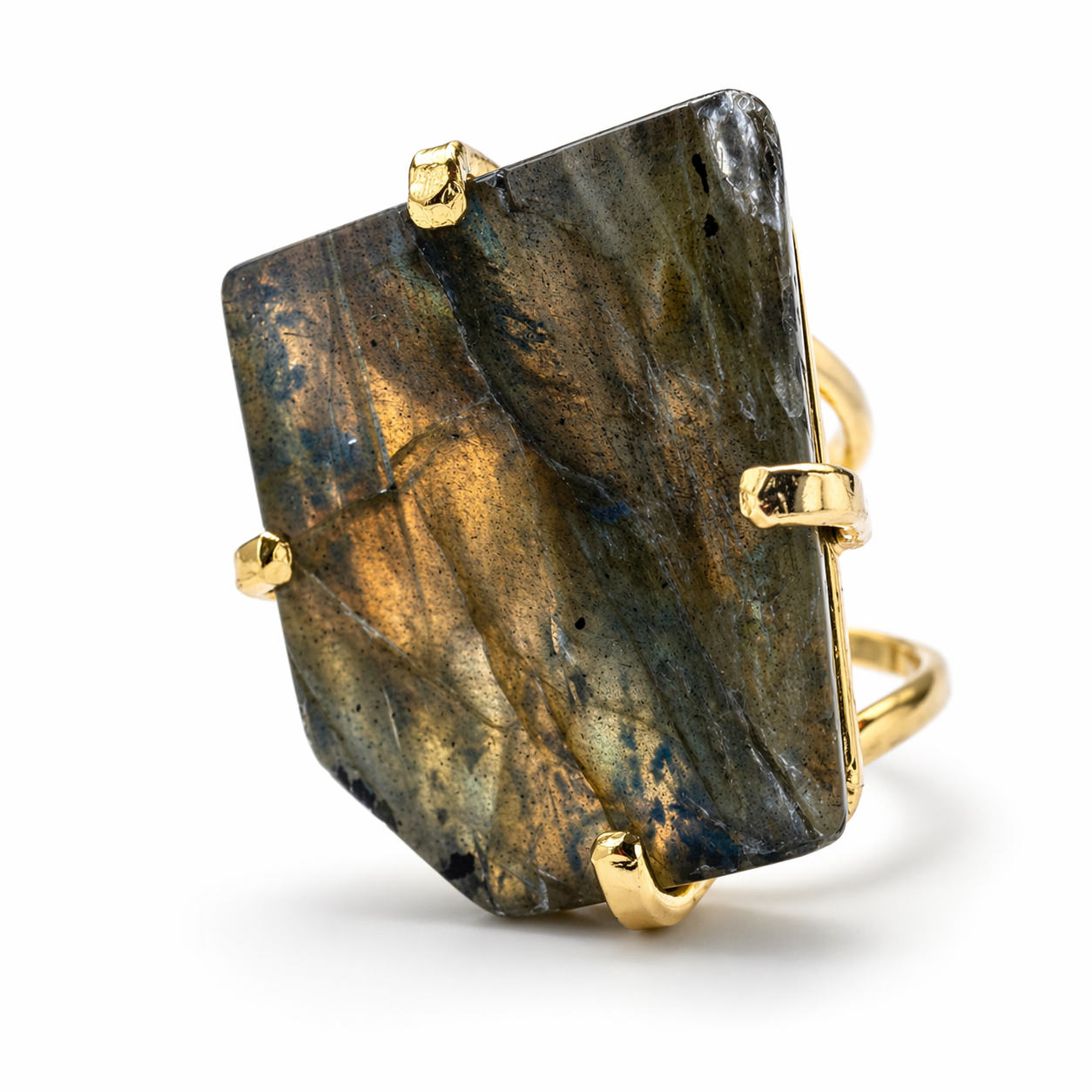 Labradorite Statement Ring Gold Plated Brass, Adjustable Open Shank Ring, Handmade Brazil Gemstone Jewelry, Flash Labradorite One of a Kind Ring