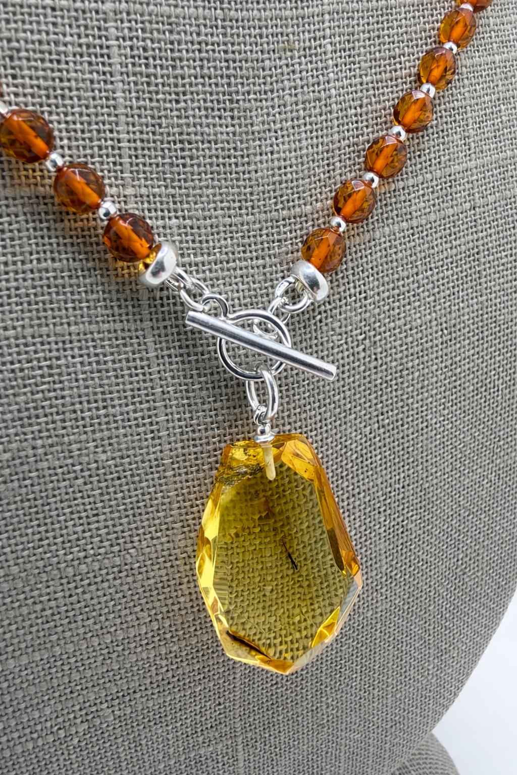 Lemon Baltic Amber Pendant Necklace, Faceted Amber Pendant, Honey Amber Bead Necklace, Sterling Silver Toggle, Insect Inclusion Amber, One of a Kind