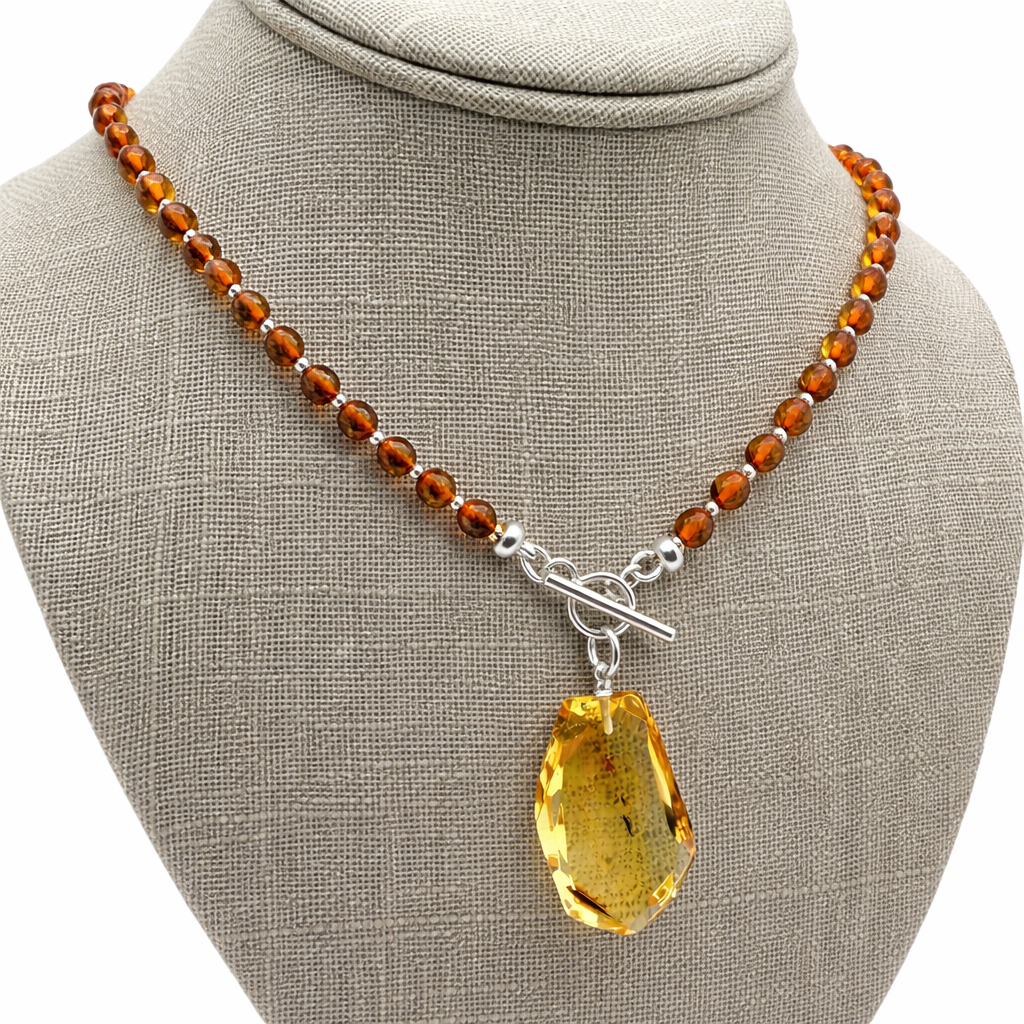 Lemon Baltic Amber Pendant Necklace, Faceted Amber Pendant, Honey Amber Bead Necklace, Sterling Silver Toggle, Insect Inclusion Amber, One of a Kind