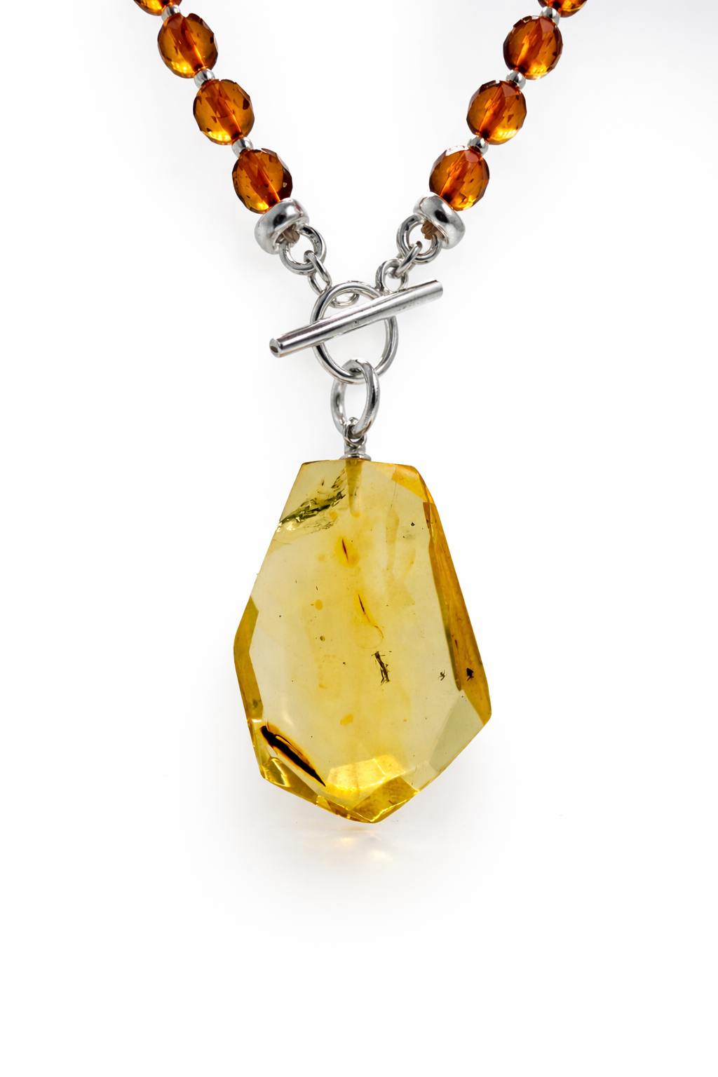 Lemon Baltic Amber Pendant Necklace, Faceted Amber Pendant, Honey Amber Bead Necklace, Sterling Silver Toggle, Insect Inclusion Amber, One of a Kind