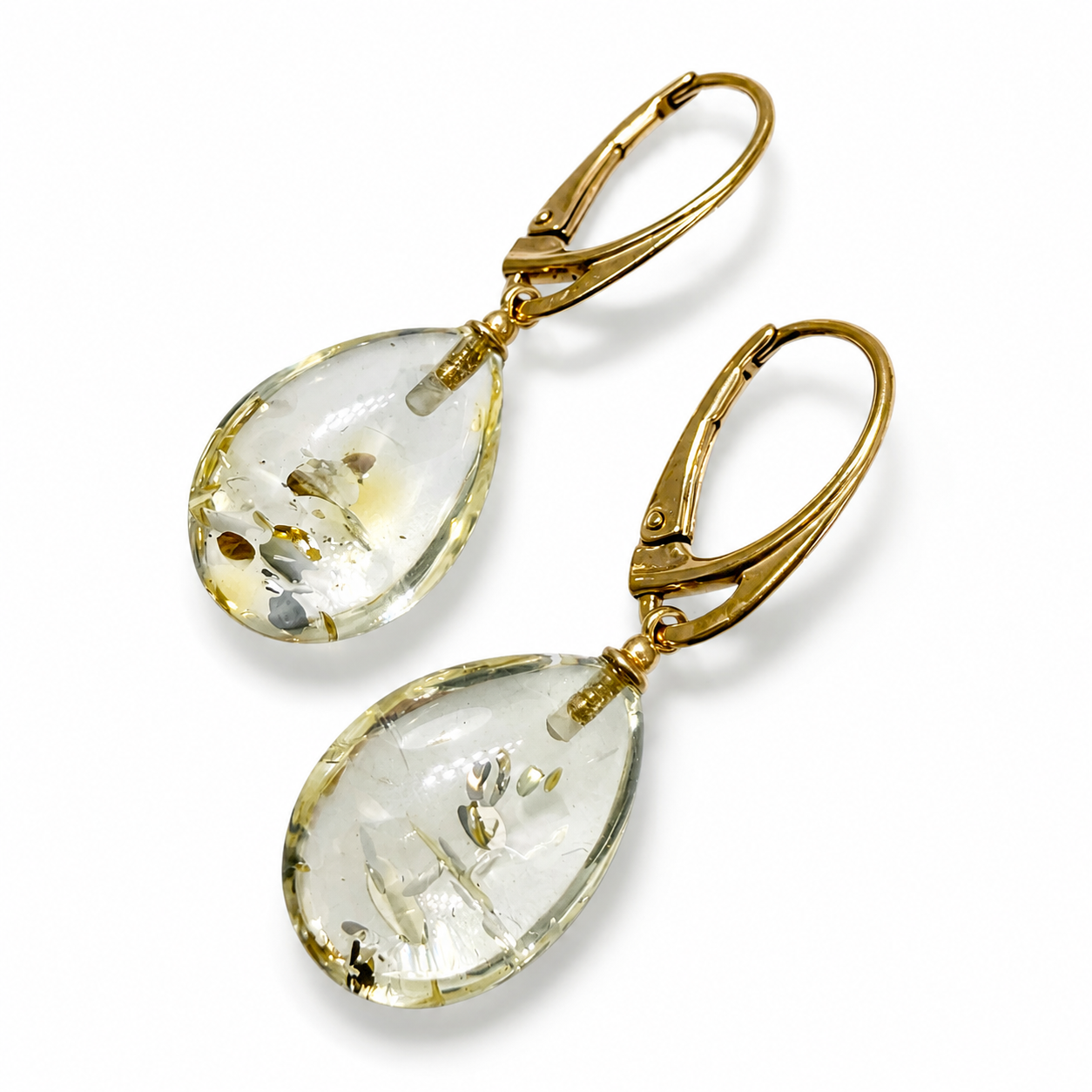 Lemon Baltic Amber Teardrop Earrings, Gold Plated Leverback Earrings
