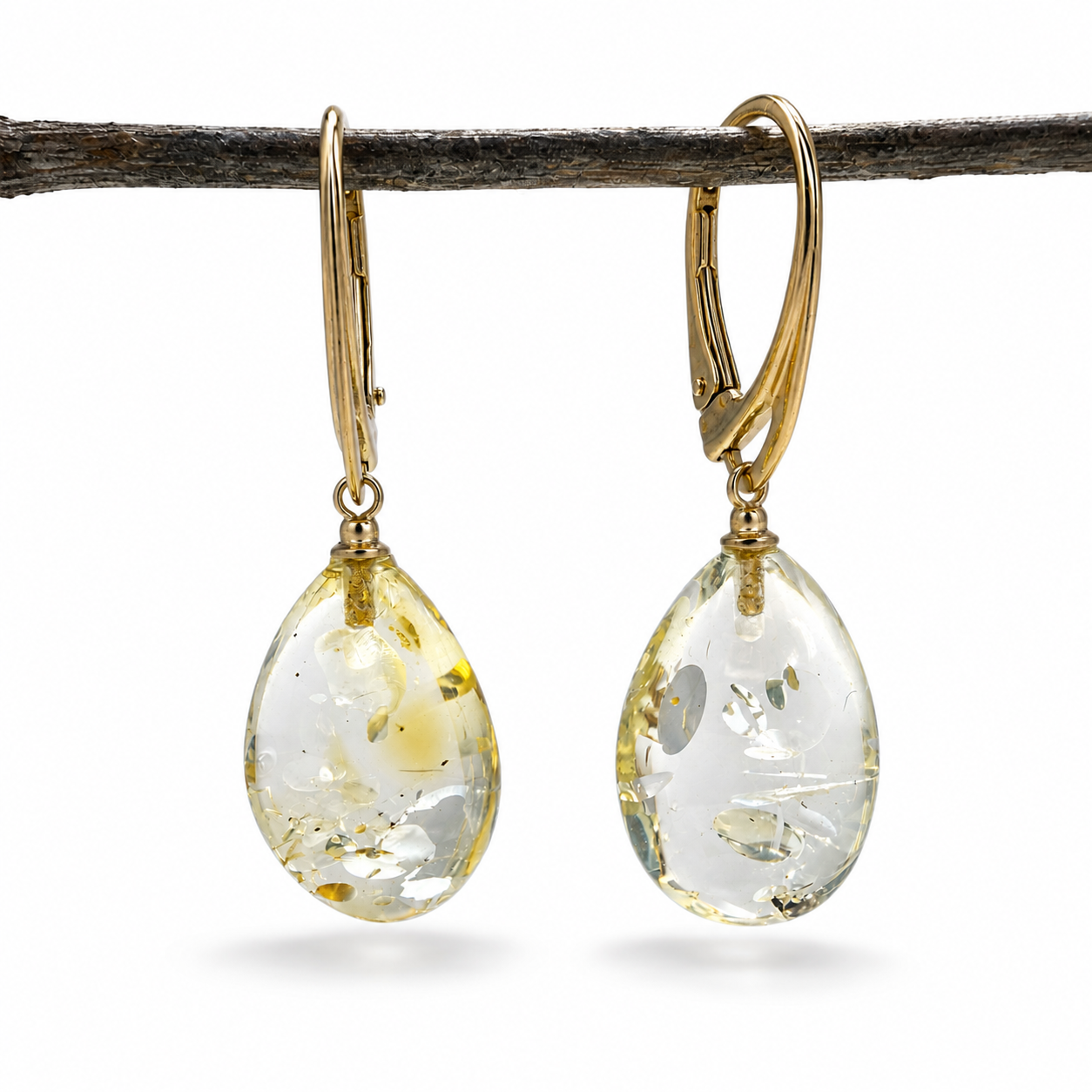 Lemon Baltic Amber Teardrop Earrings, Gold Plated Leverback Earrings