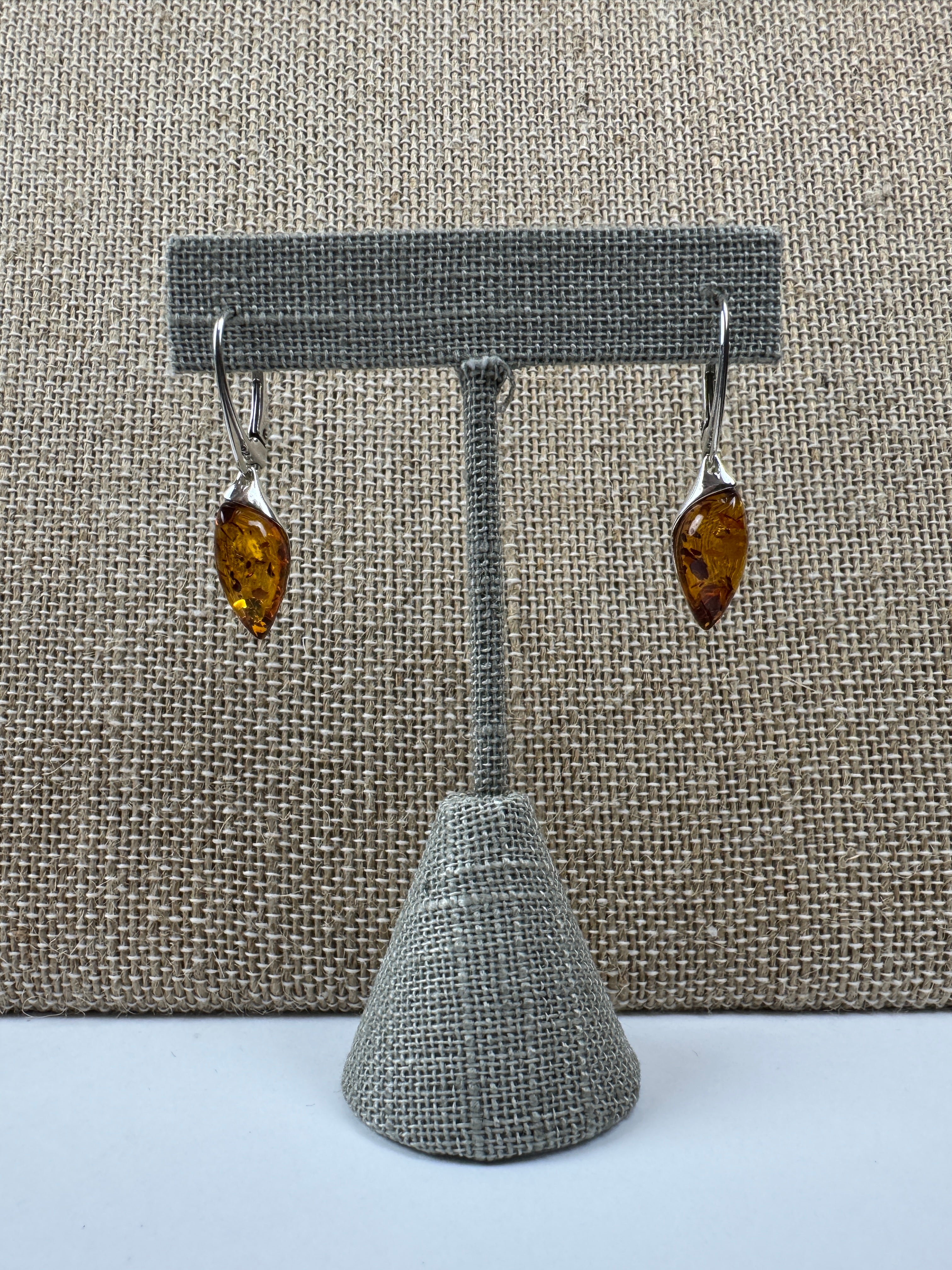 Marquise Baltic Amber Dangle Earrings | Honey Cognac Sterling Silver Lever Backs Handmade in Poland