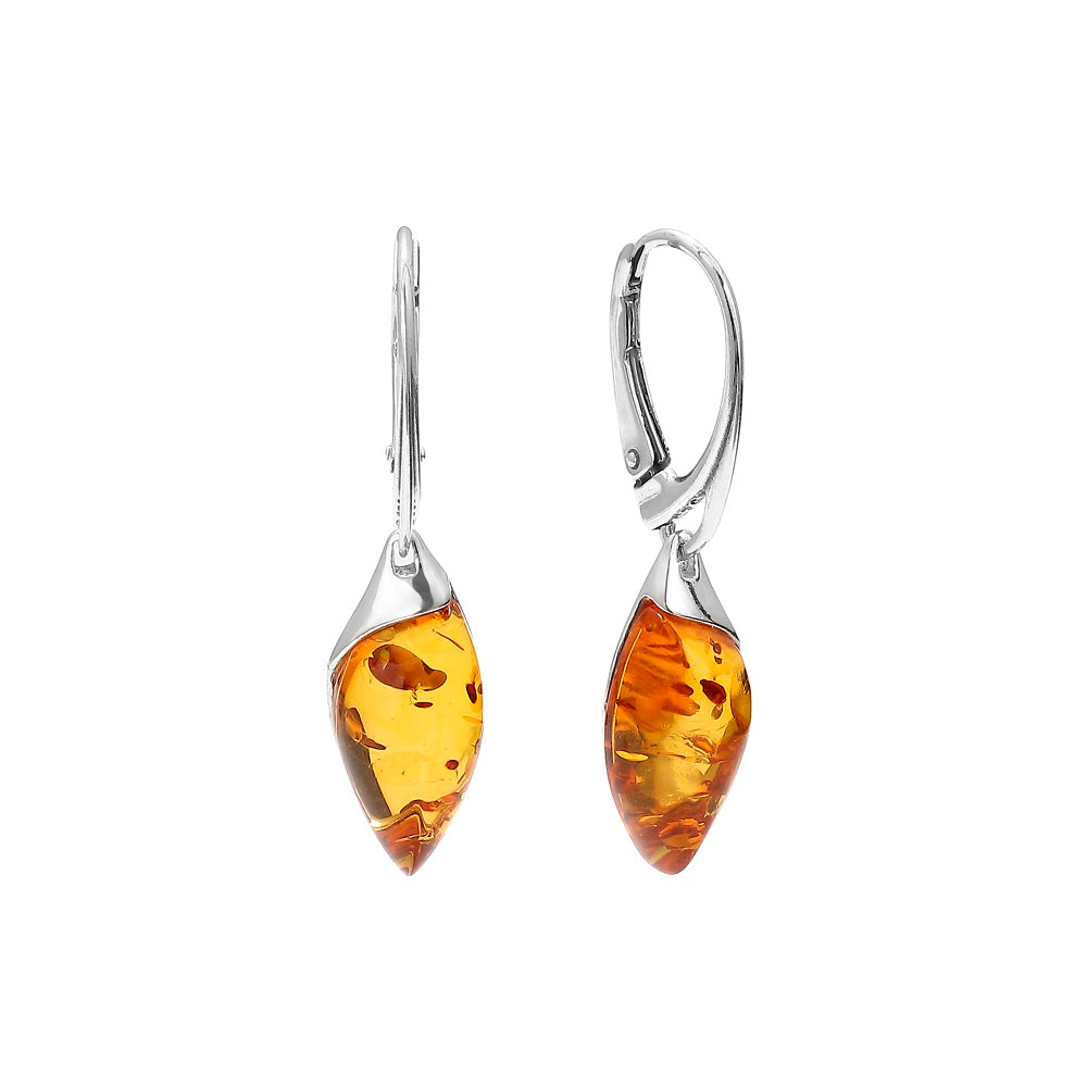 Marquise Baltic Amber Dangle Earrings | Honey Cognac Sterling Silver Lever Backs Handmade in Poland