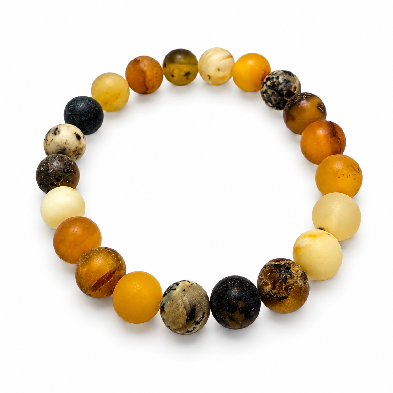 Matte Finish Baltic Amber Multicolor Ombre Stretch Bracelet – Round Ball Amber Bracelet – Lemon, Butterscotch, Green & Honey Amber Jewelry