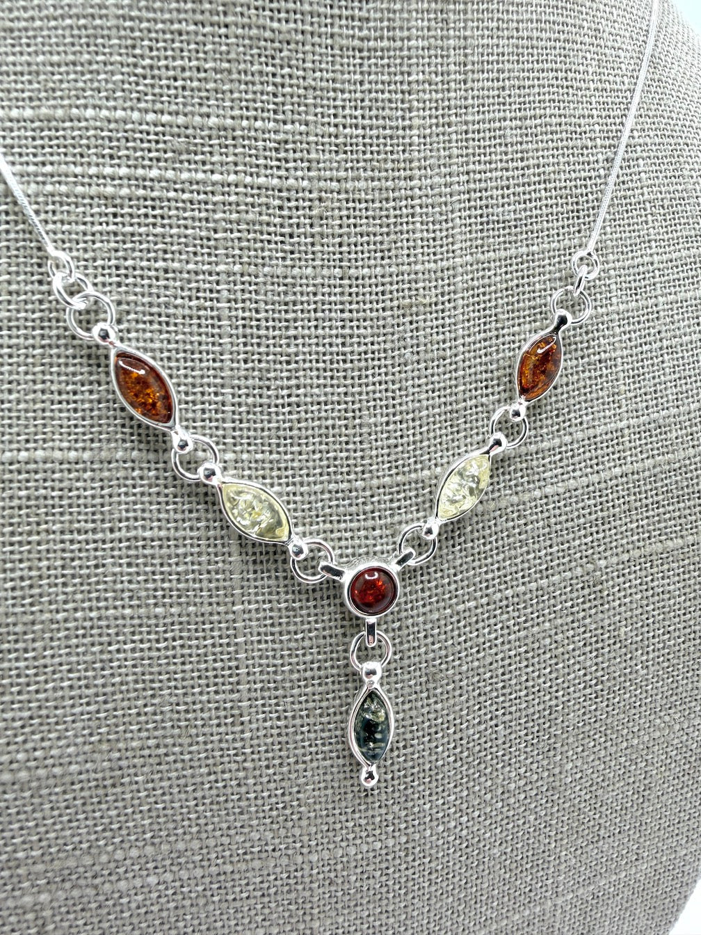 Minimalist Multicolor Baltic Amber Pendant Necklace in Sterling Silver - Green, Honey, and Lemon Amber Necklace on Box Chain – 18 Inch