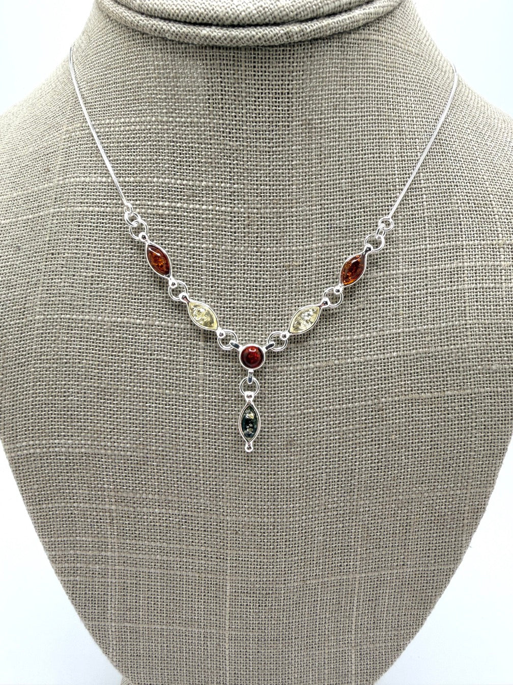 Minimalist Multicolor Baltic Amber Pendant Necklace in Sterling Silver - Green, Honey, and Lemon Amber Necklace on Box Chain – 18 Inch