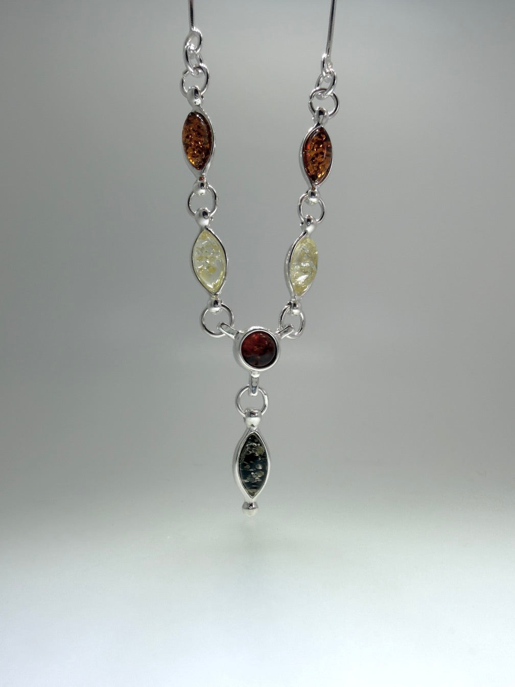 Minimalist Multicolor Baltic Amber Pendant Necklace in Sterling Silver - Green, Honey, and Lemon Amber Necklace on Box Chain – 18 Inch