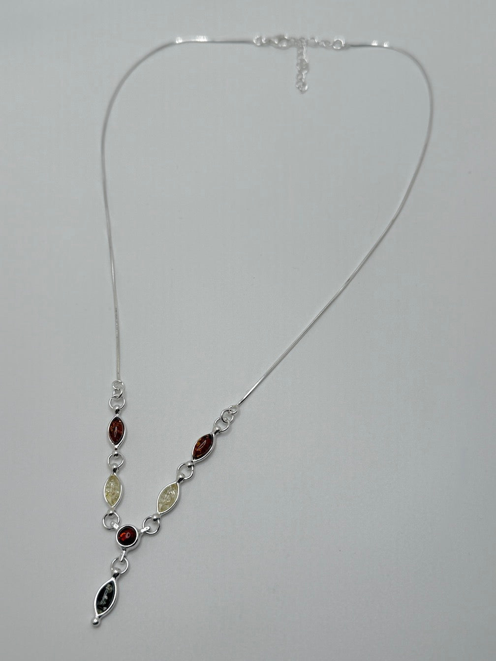 Minimalist Multicolor Baltic Amber Pendant Necklace in Sterling Silver - Green, Honey, and Lemon Amber Necklace on Box Chain – 18 Inch